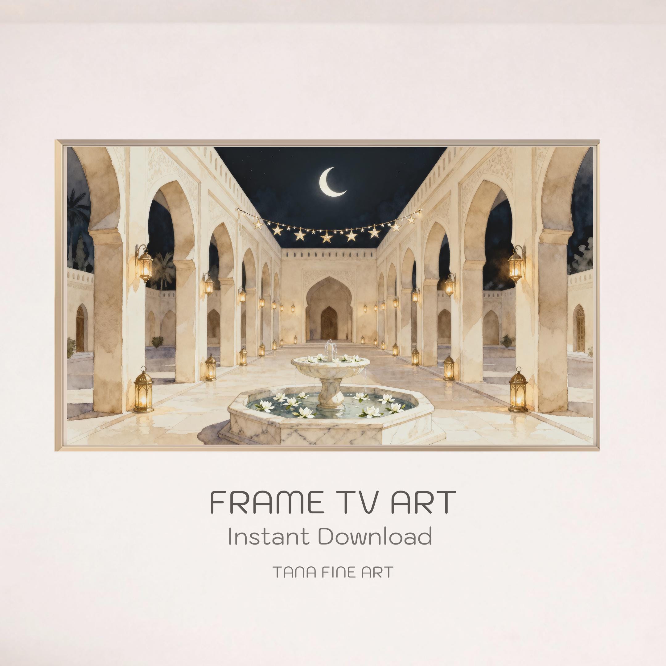 Islamic Courtyard Night Frame TV Art | Crescent Moon Lantern Glow (Digital Download)