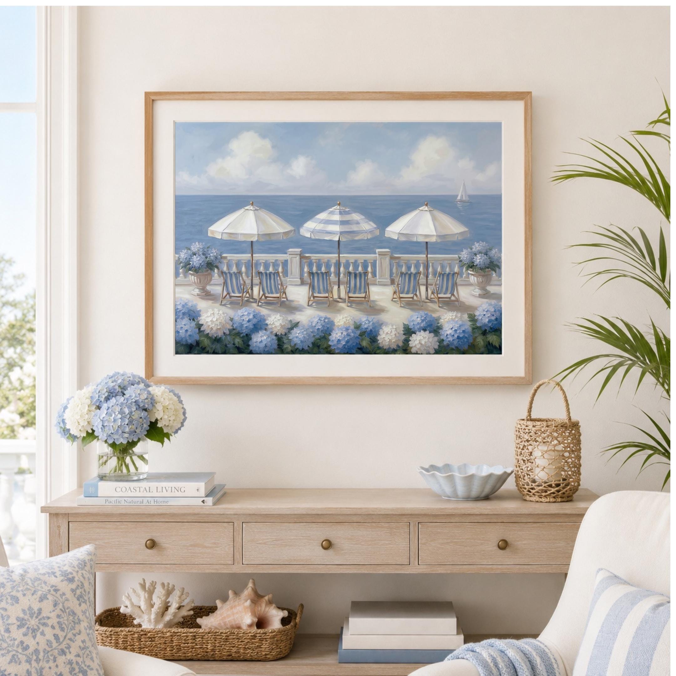 Summer Beach House Print, Coastal Hydrangea Wall Art, Blue White Seaside Decor (Digital Download)