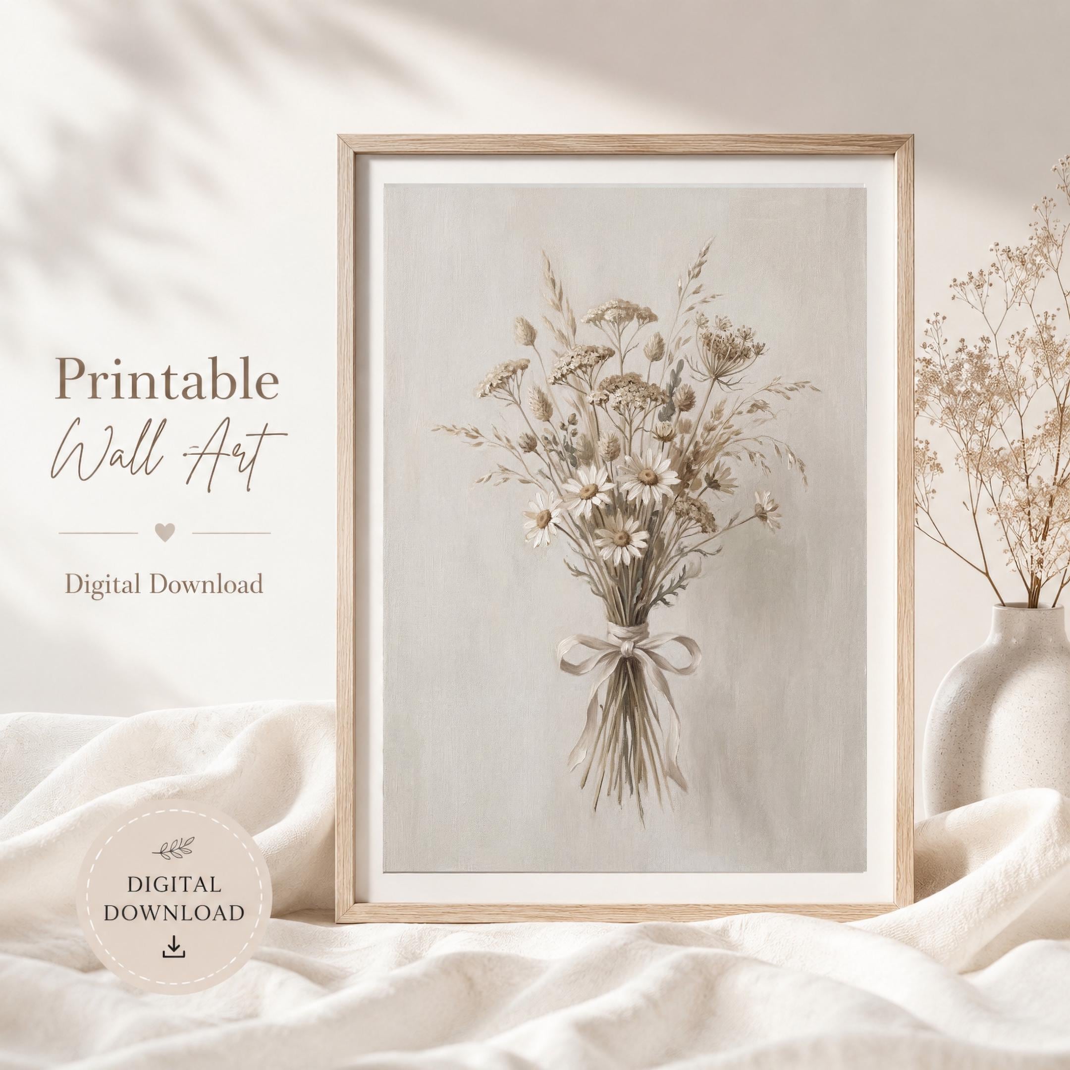 April Birth Flower Bouquet Art, Neutral Daisy Floral Print, Vintage Farmhouse Cottage (Digital Download) — image 4
