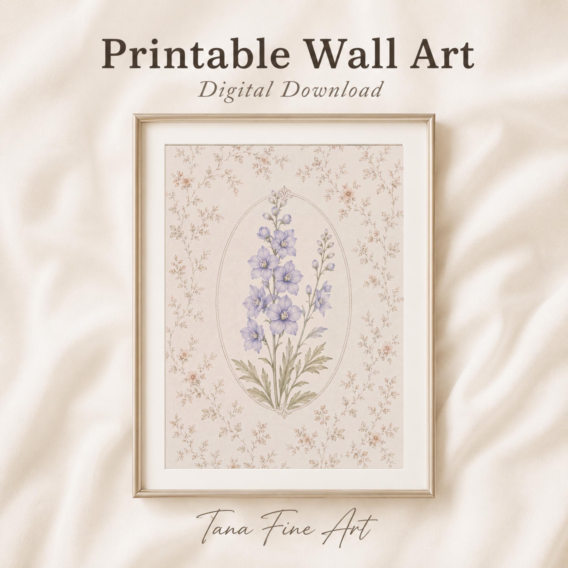 July Birth Month Flower Print | Larkspur Printable Wall Art | Vintage Botanical Gift Digital Download