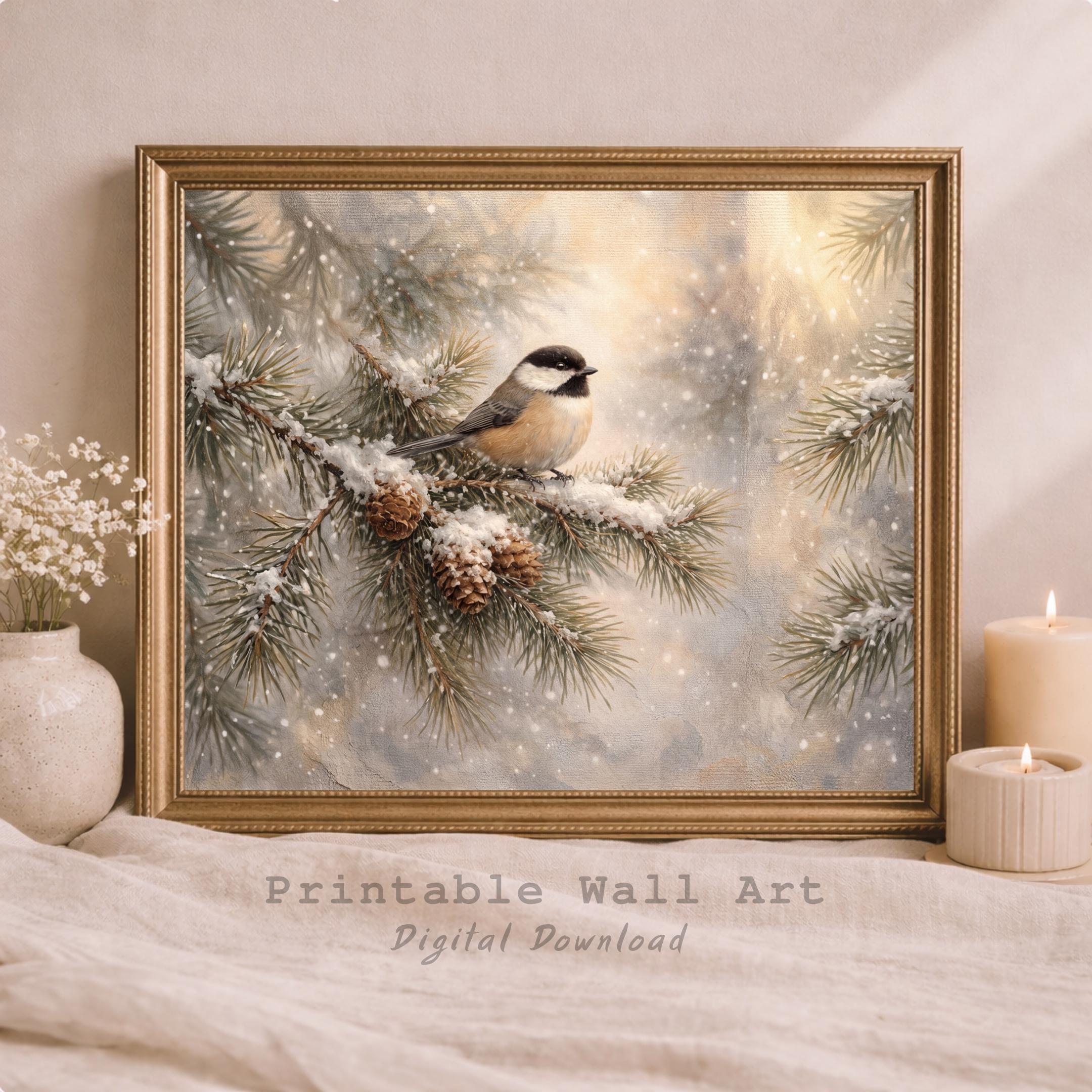 Winter Bird Wall Art Printable | Chickadee Pine Branch Print | Cozy Christmas Decor (Digital Download)