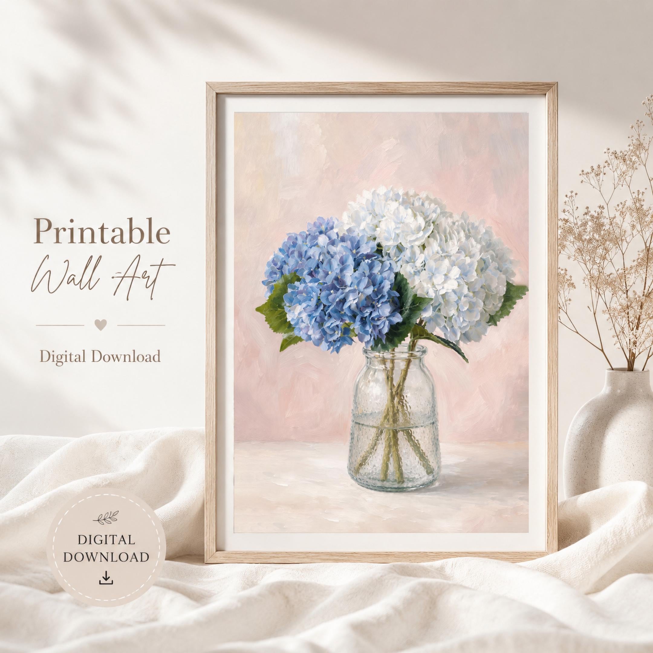 Blue Hydrangea Floral Vase, Neutral Floral Prints, Soft Pink Cottage Wall Art (Digital Download) — image 2