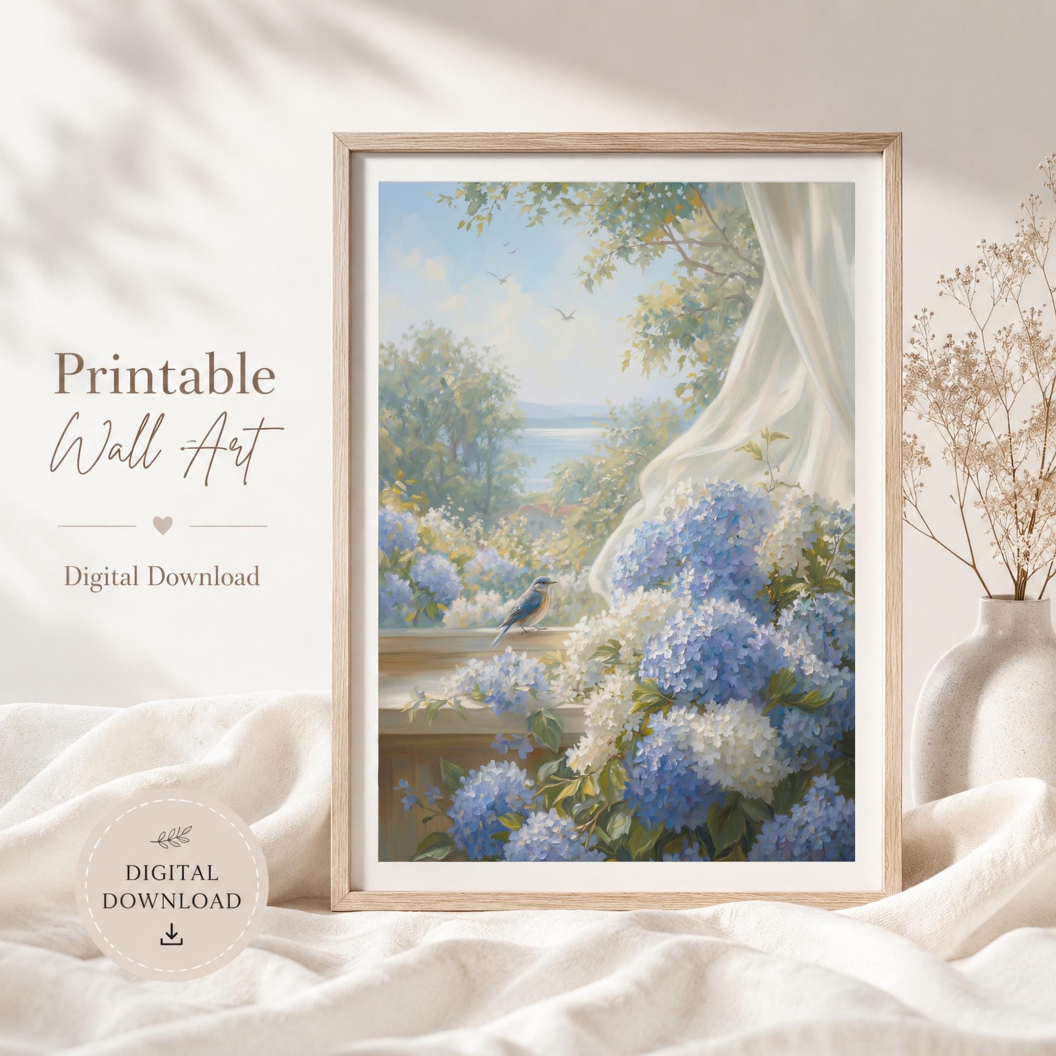 Blue Hydrangea Garden Wall Art | Summer Coastal Cottage Floral Print with Bird (Digital Download) — image 6