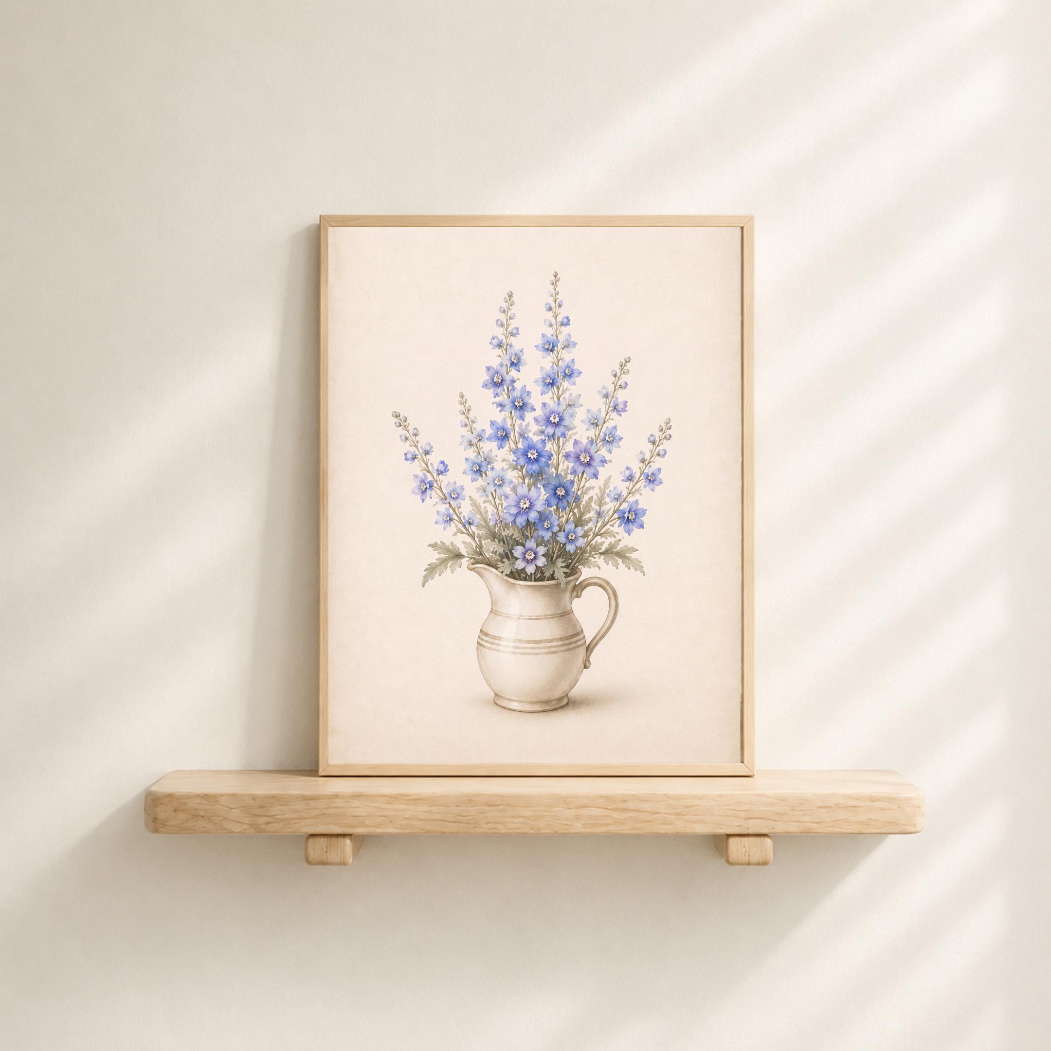 July Birth Flower Art Print | Larkspur Printable Art | Blue Floral Pitcher Digital Download — image 5
