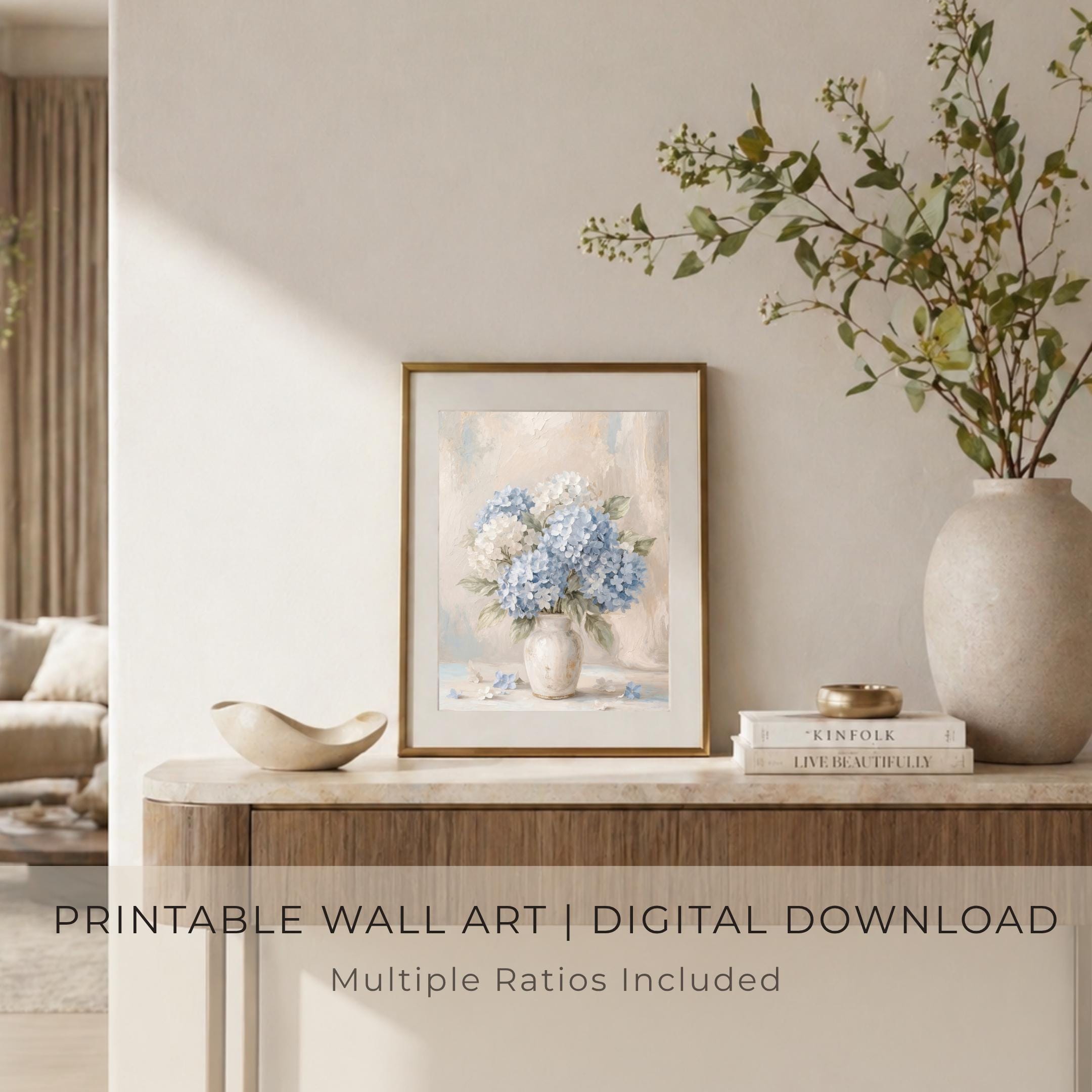 Blue Hydrangea Wall Art Printable, Neutral Floral Prints (Digital Download) — image 5