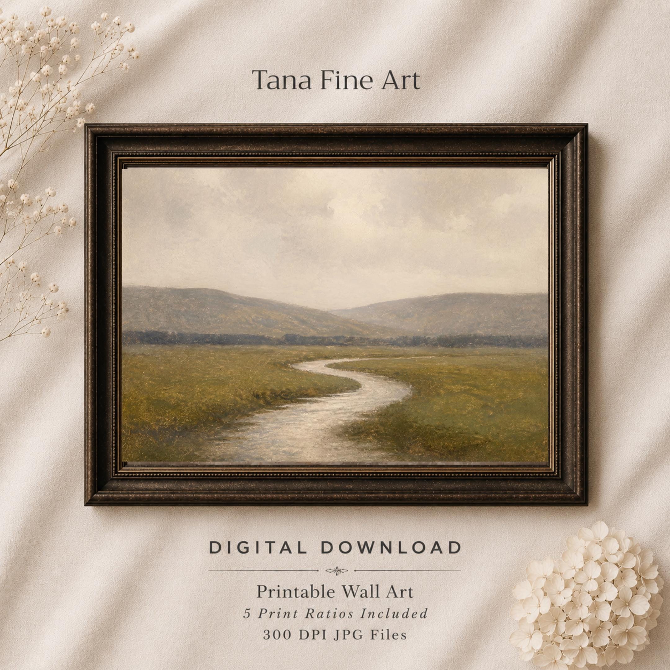 River Landscape Wall Art | Neutral Meadow Print | Vintage Nature Digital Download