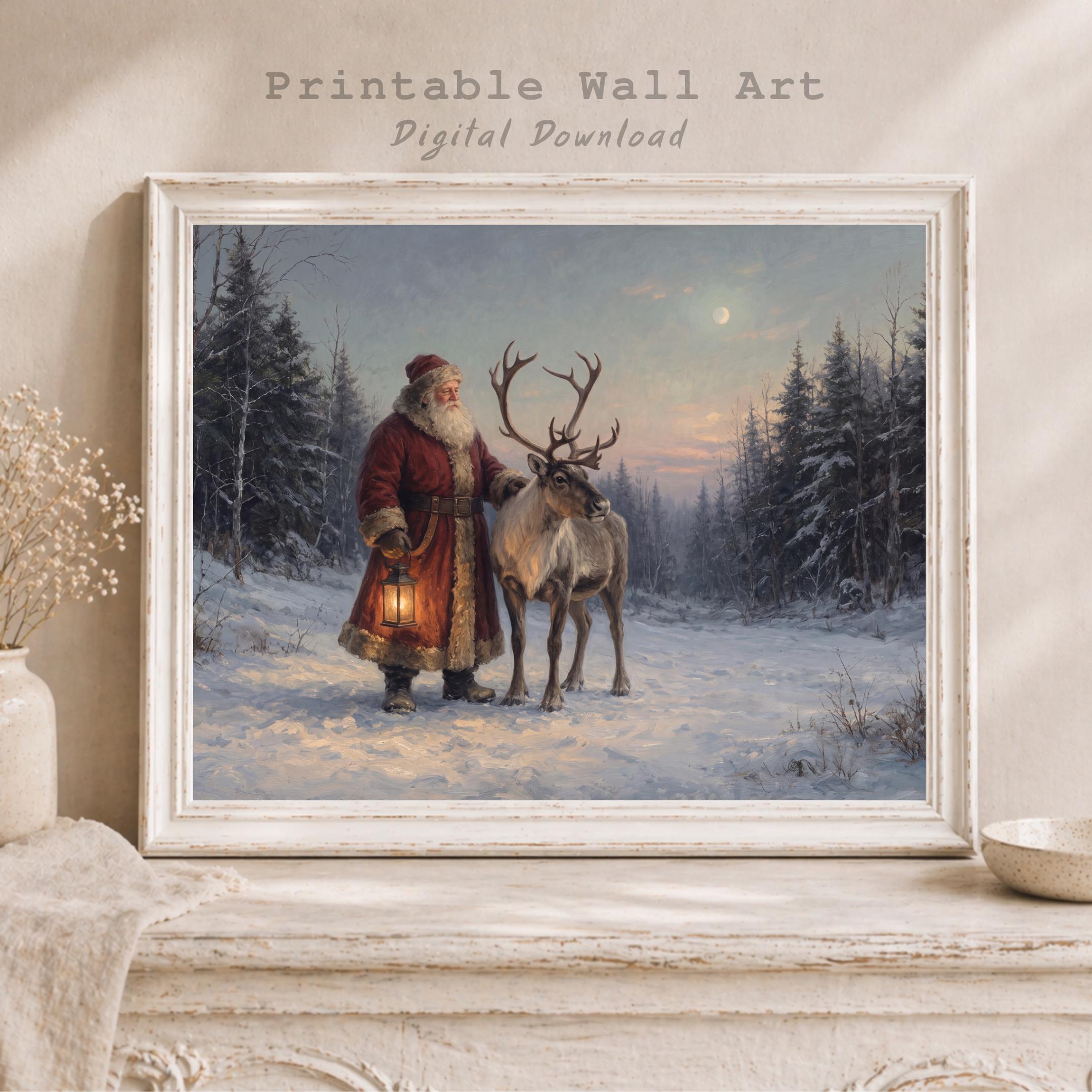 Vintage Santa Wall Art | Santa and Reindeer Christmas Print | Winter Landscape Printable Digital Download — image 8