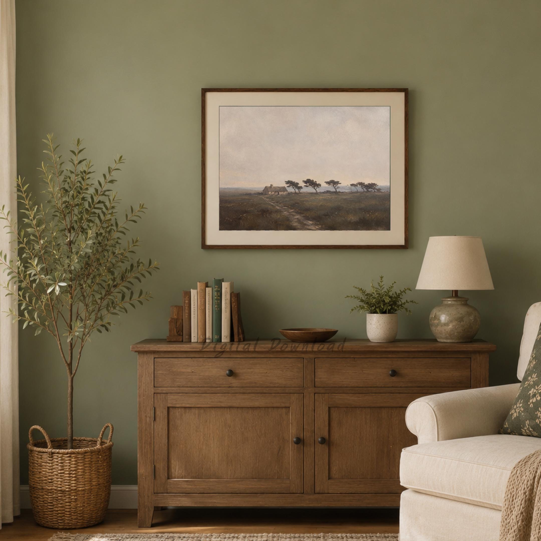Vintage Stone Cottage Printable Wall Art, Windswept Trees Landscape, Neutral Rustic Countryside Digital Download — image 7
