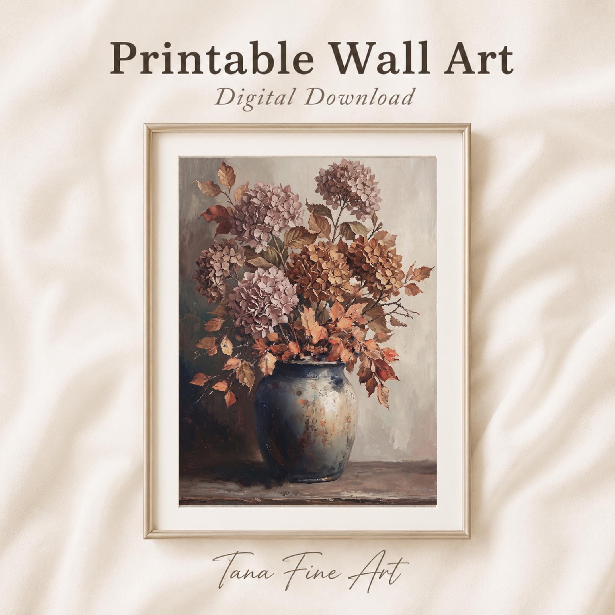 Hydrangea Fall Wall Art, Mauve Autumn Floral Vase, Moody Cottage Still Life (Digital Download) — image 6