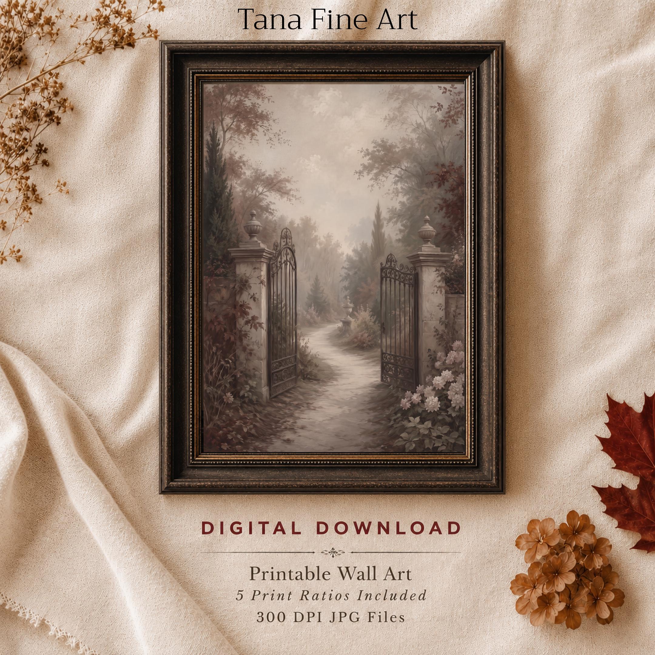 Autumn Secret Garden Wall Art, Vintage Garden Gate Path, Moody Fall Decor, Digital Download