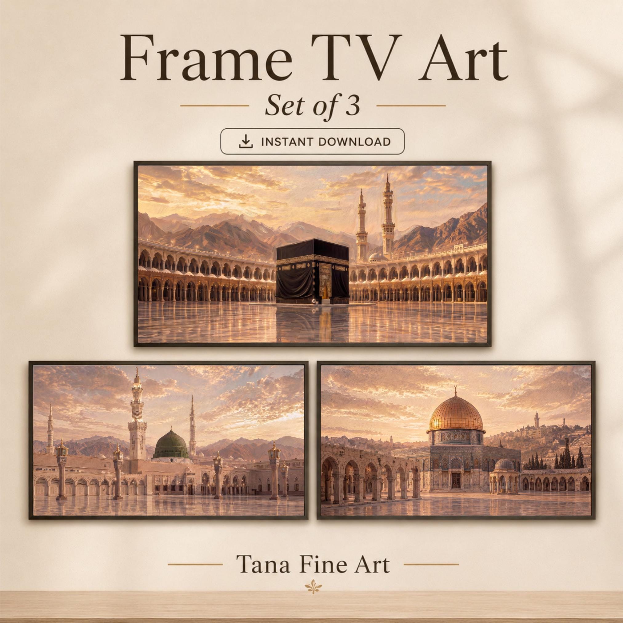 Islamic Frame TV Art Set of 3, Kaaba Medina Jerusalem Screen Display Digital Download