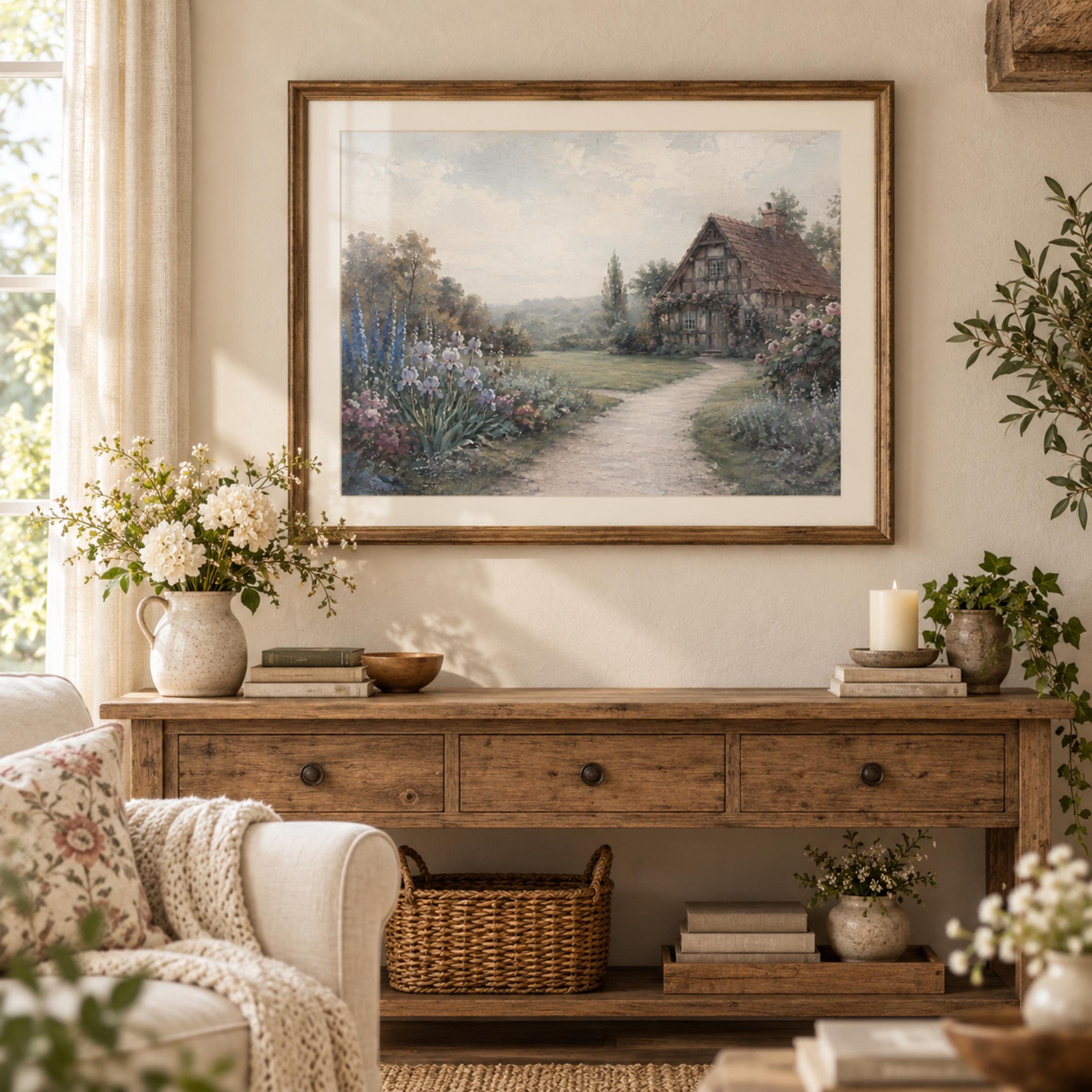 German Cottage Garden Printable Wall Art, Vintage Floral Path Landscape, Romantic European Digital Download — image 2