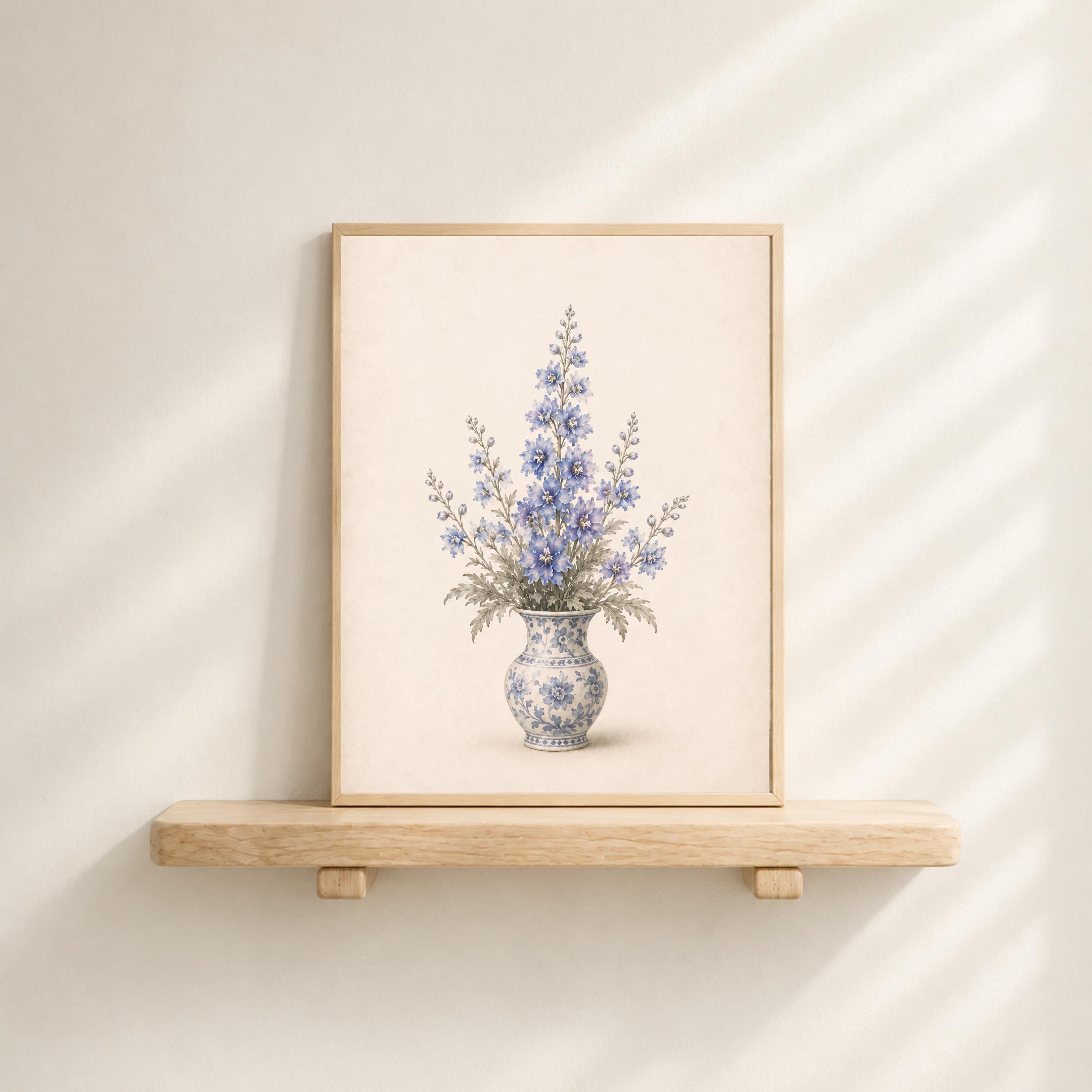 July Birth Flower Bouquet Art Print | Larkspur Printable Art | Blue Floral Vase Digital Download — image 3