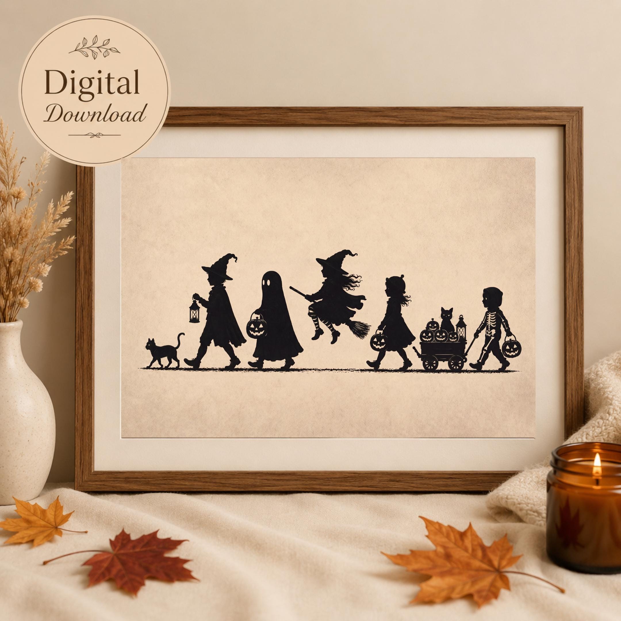 Halloween Trick or Treat Wall Art, Silhouette Print, Vintage Kids Halloween Digital Download — image 7