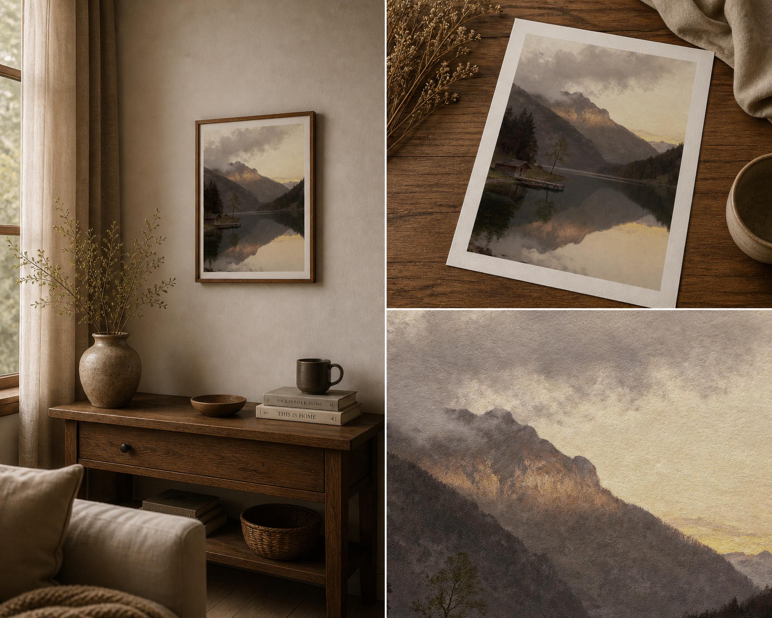 Mountain Cabin Lake Wall Art Print | Muted Landscape Printable | Rustic Nature Decor, Digital Download — image 5