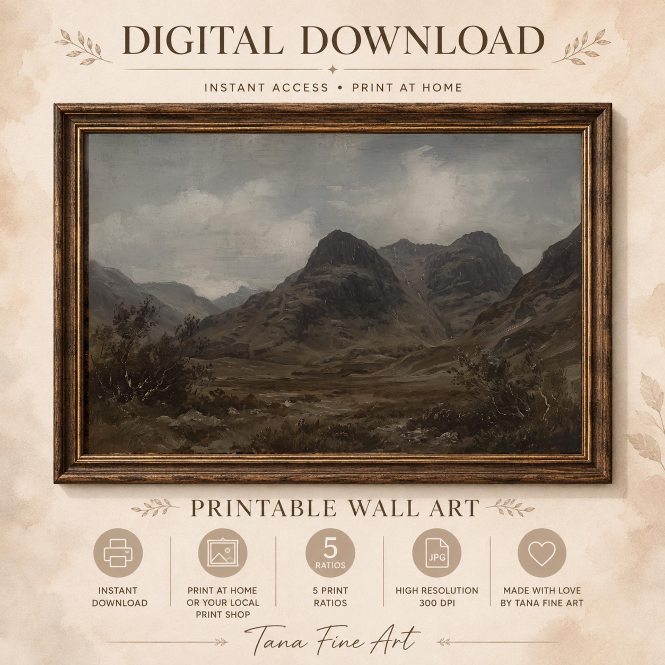 Moody Mountain Landscape Print | Scottish Highlands Wall Art | Dark Vintage Nature Digital Download