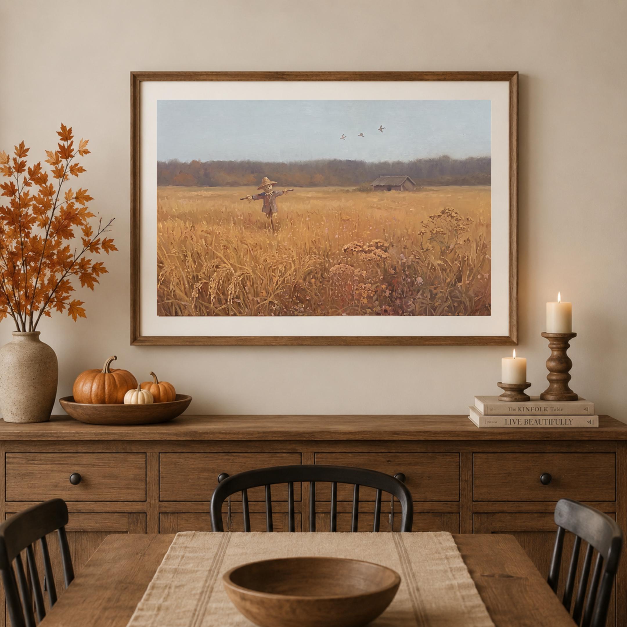 Fall Harvest Field Wall Art, Scarecrow Autumn Landscape Print, Rustic Farmhouse Decor (Digital Download) — image 4