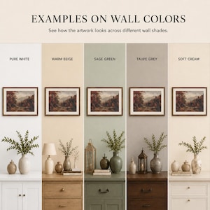 May include: A collage showing a framed landscape painting of an autumn forest displayed on five different wall colors: pure white, warm beige, sage green, taupe grey, and soft cream. Each section features a wooden dresser with vases and decor.