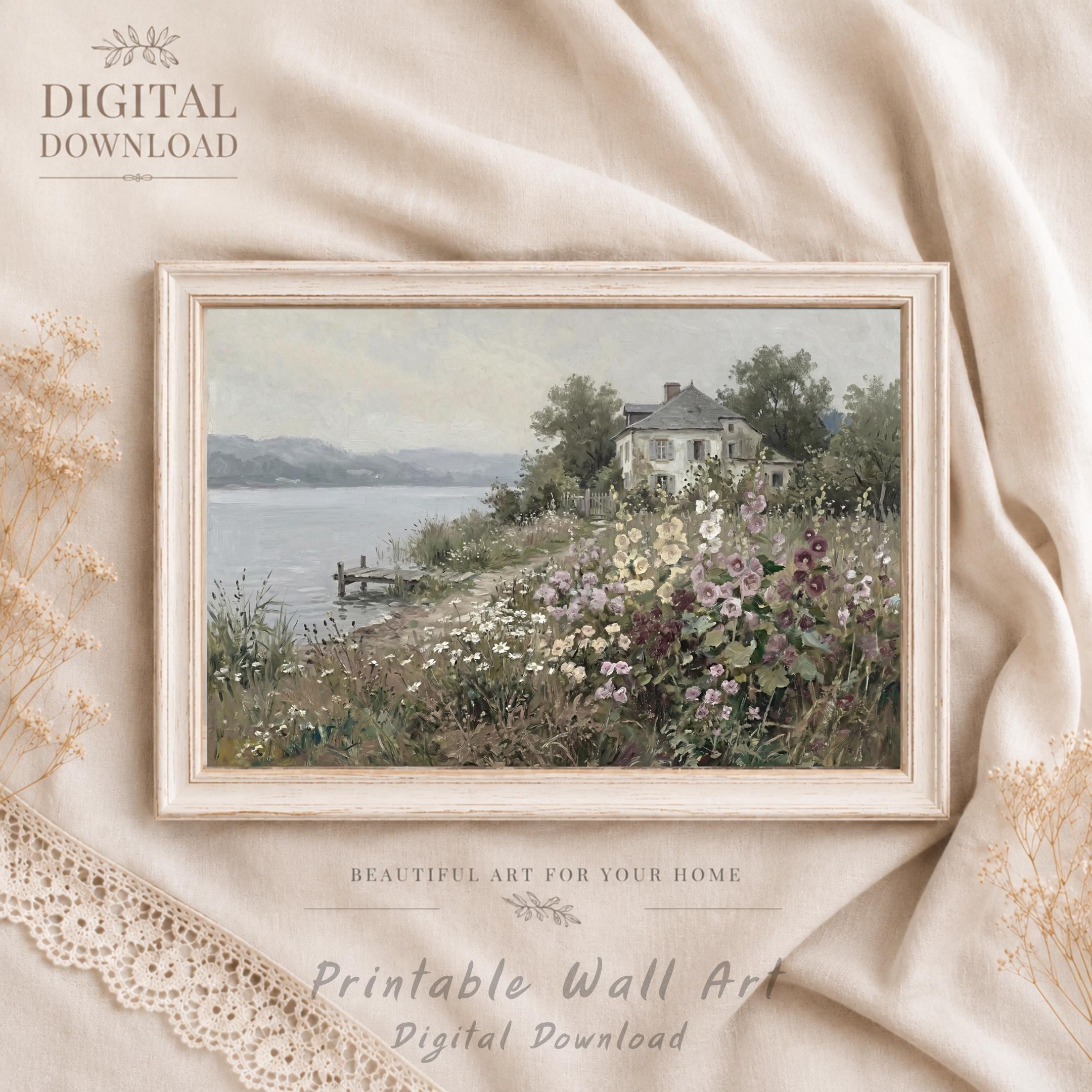 Vintage Cottage English Garden Wall Art, Lakeside Floral Landscape Print, Farmhouse Decor (Digital Download)