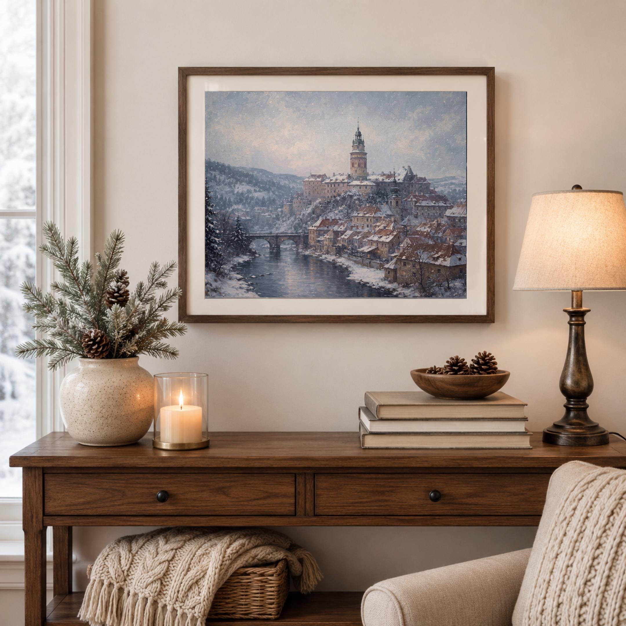 Český Krumlov-Inspired Snowy Riverside — image 4