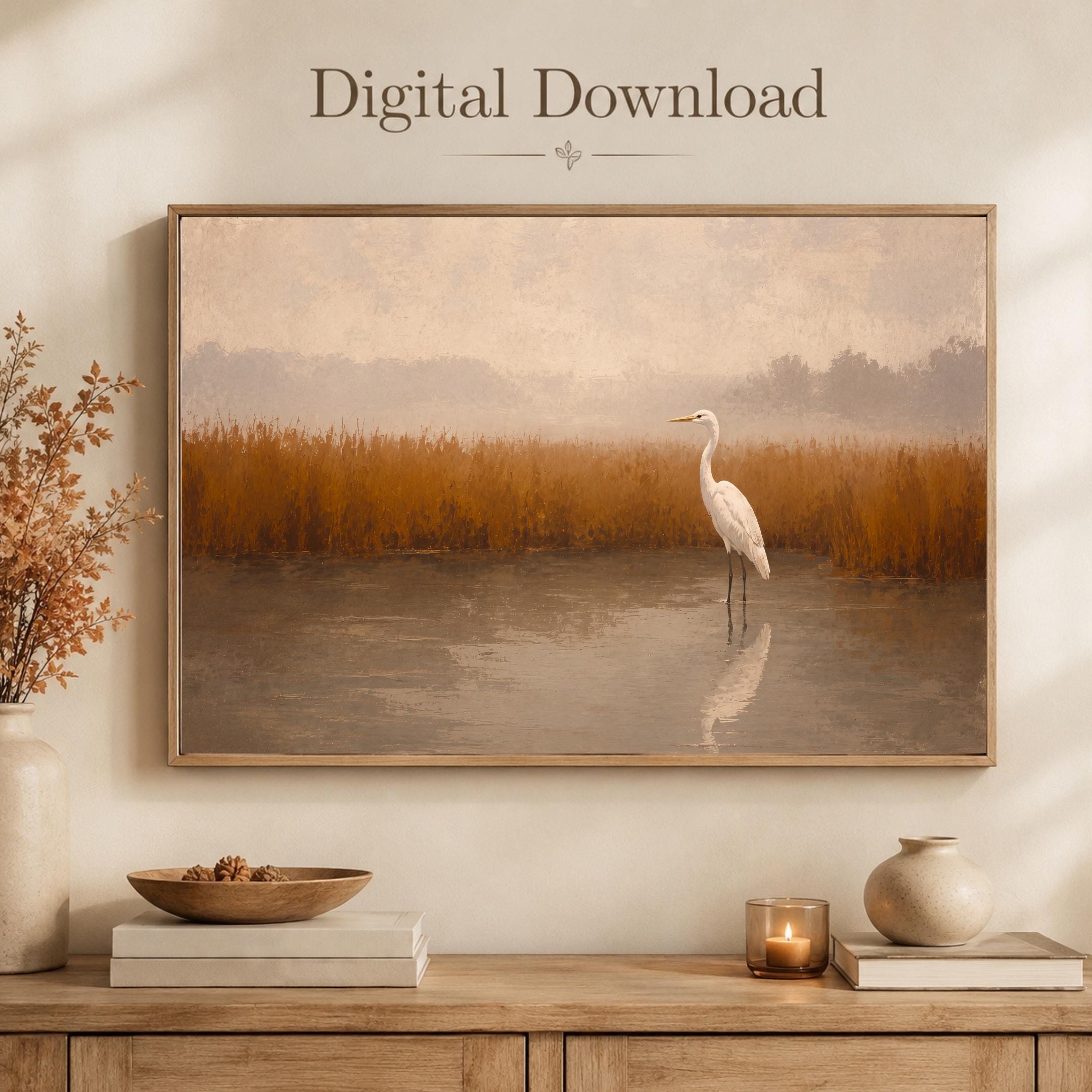 Egret Wall Art | White Heron Marsh Landscape Print | Neutral Bird Printable | Fall Digital Download — image 7