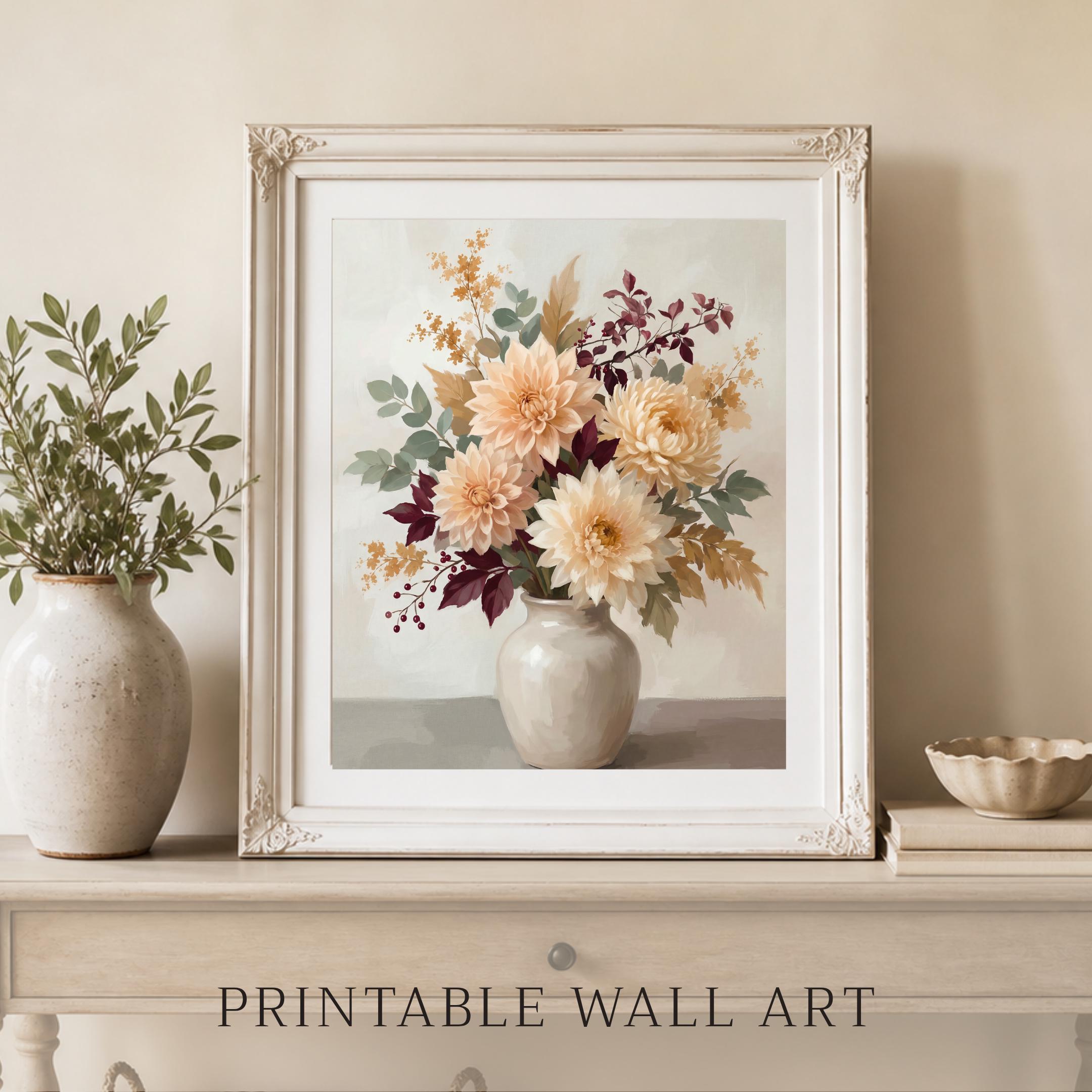 Fall Dahlia Wall Art, Cream Floral Vase Print, Burgundy Autumn Leaf Decor (Digital Download) — image 8