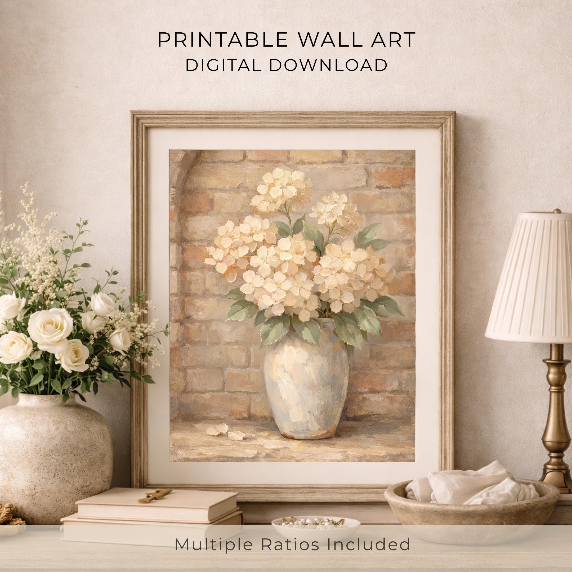 Hydrangea Vase Painting, Neutral Farmhouse Floral Decor, Rustic Brick Botanical Print (Digital Download) — image 5