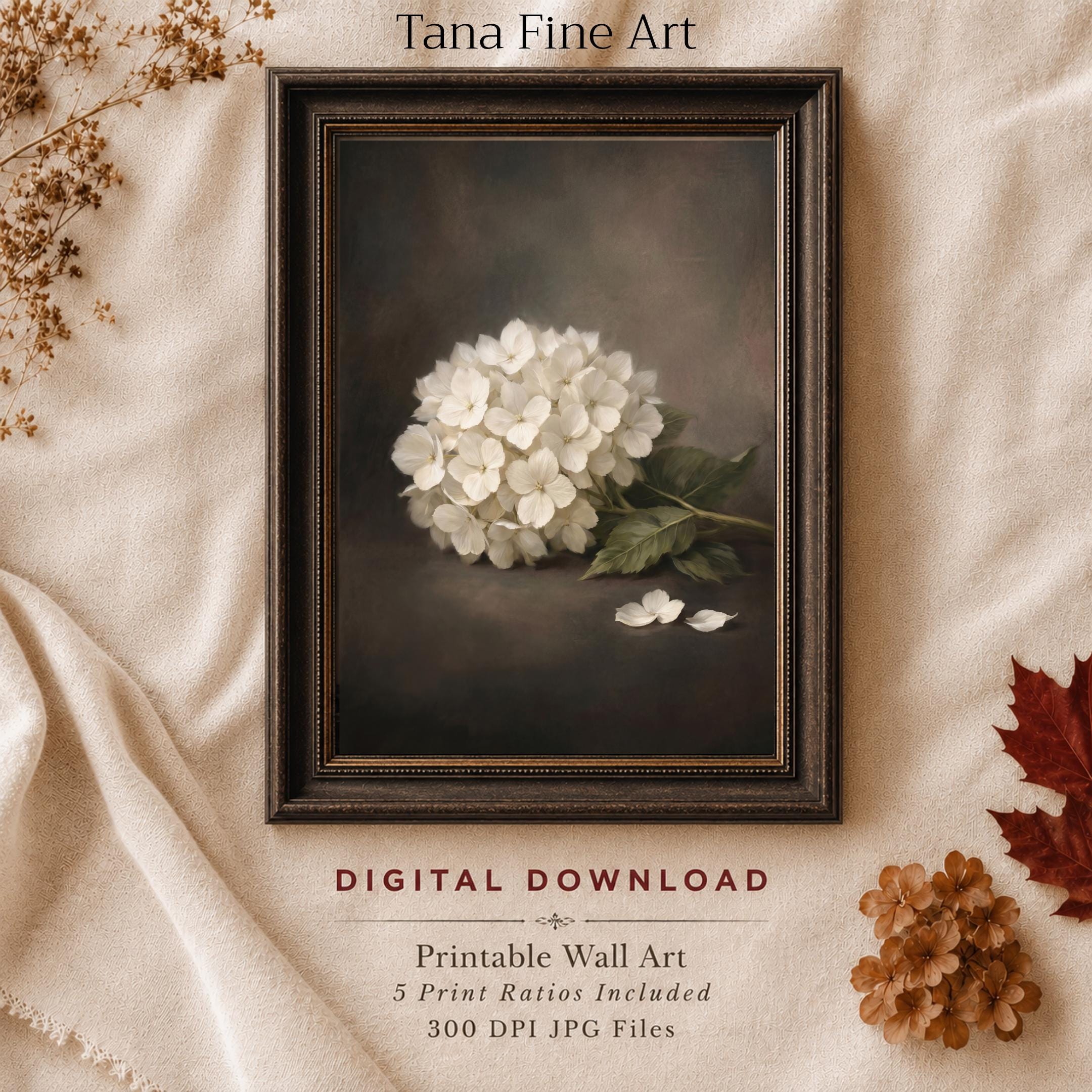 White Hydrangea Still Life Wall Art, Moody Floral Prints, Antique Floral Decor (Digital Download)