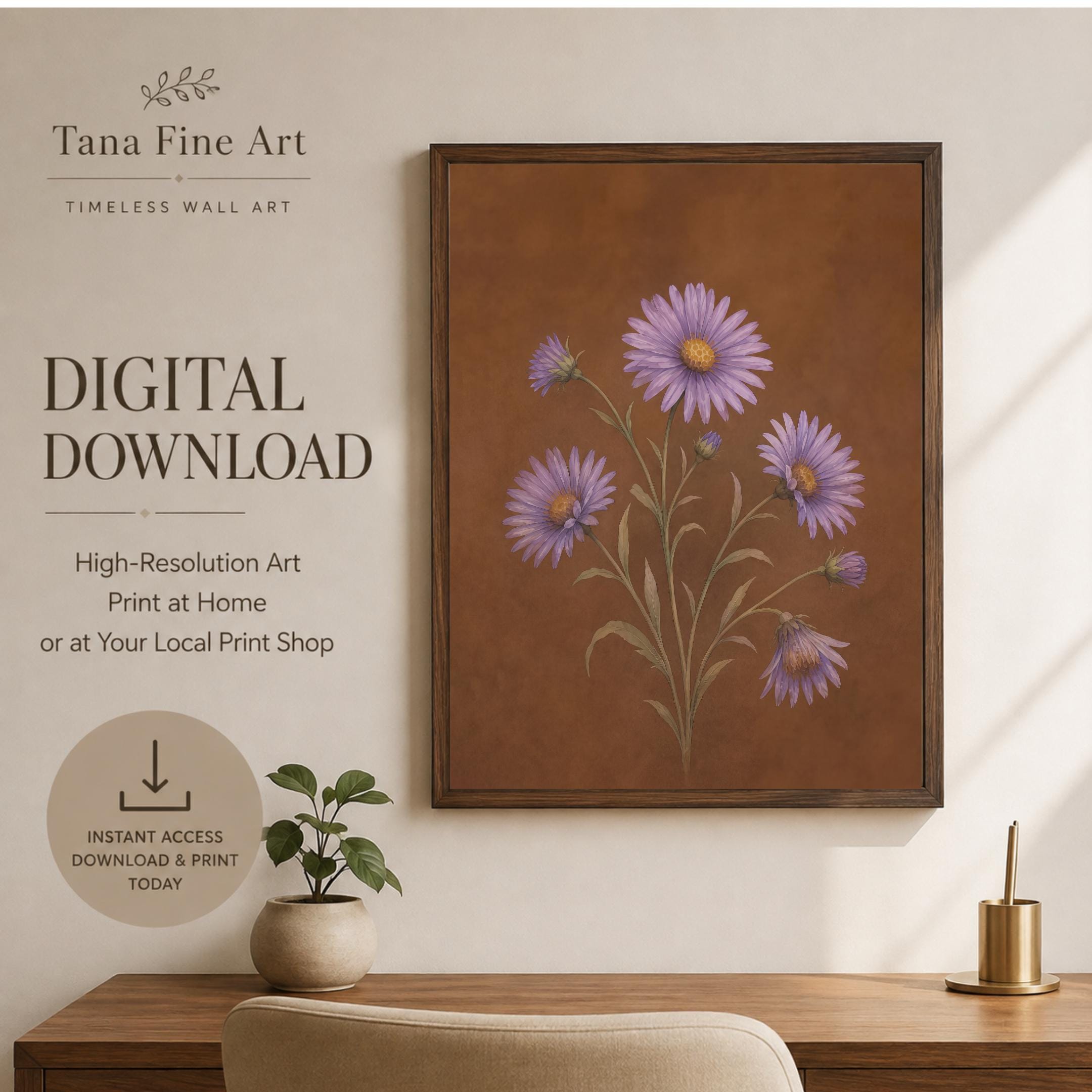 Moody September Birth Flower Print | Aster Wall Art | Vintage Botanical Digital Download — image 5