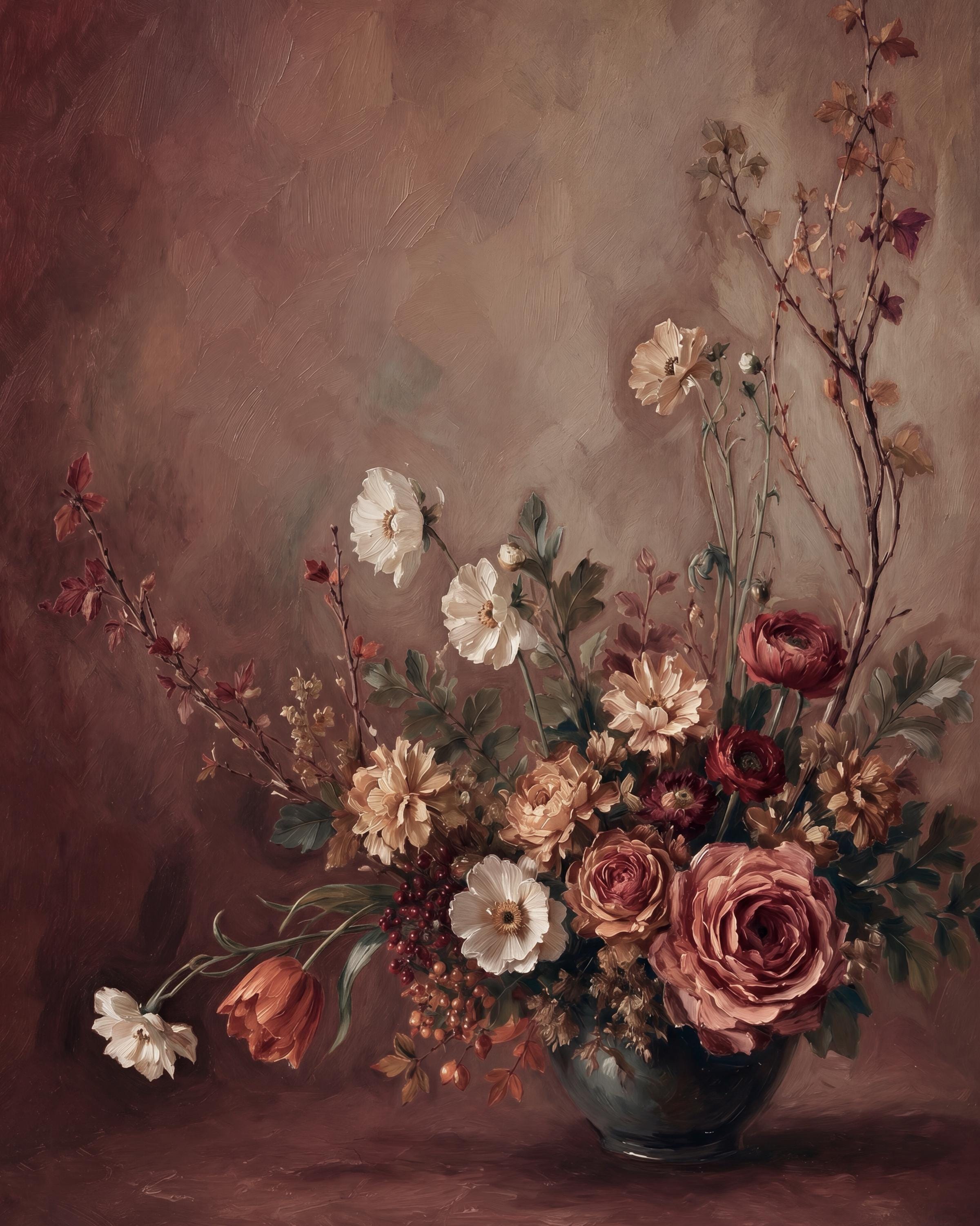 Moody Burgundy Floral Art Print, Fall Roses Still Life, Dark Autumn Decor (Digital Download) — image 2