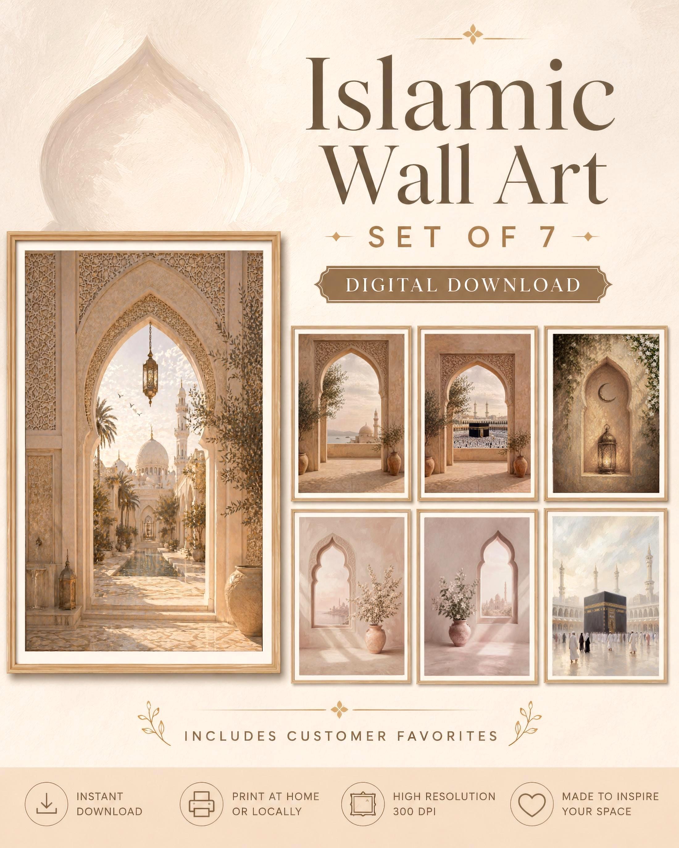 Islamic Wall Art Set of 7, Mosque Prints, Neutral Prayer Room Decor Digital Download