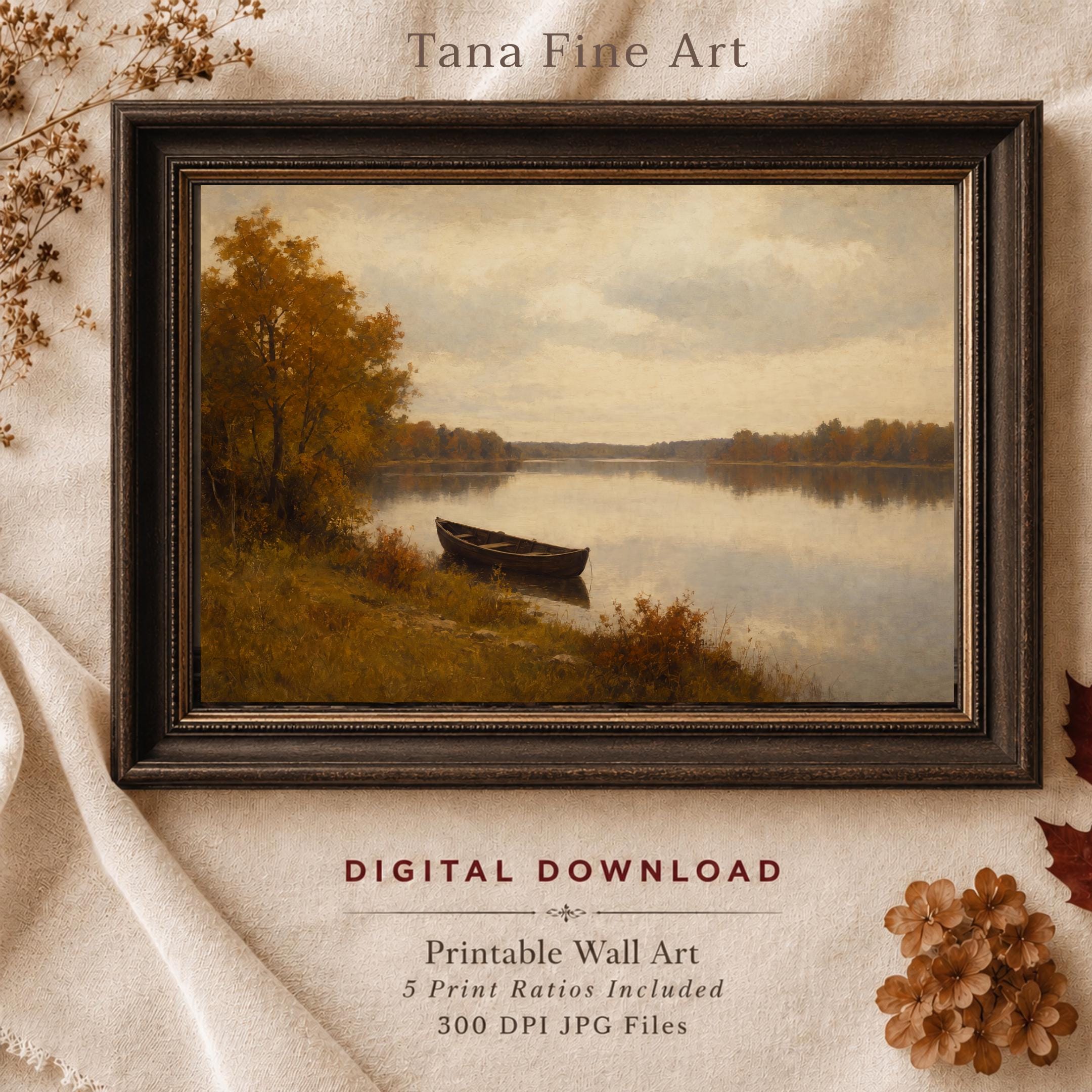 Fall Landscape Wall Art | Vintage Autumn Lake Boat Print | Rustic Printable Digital Download — image 7