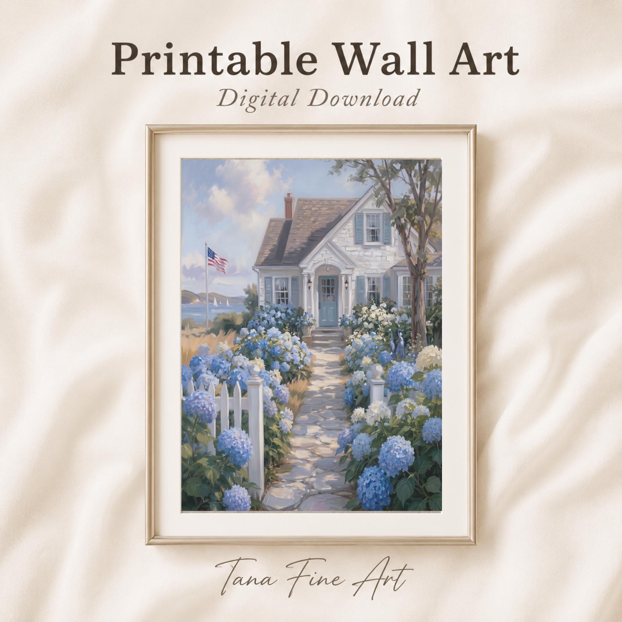 Coastal Cottage Wall Art, Blue Hydrangea Garden Path, Summer Beach House Decor (Digital Download)