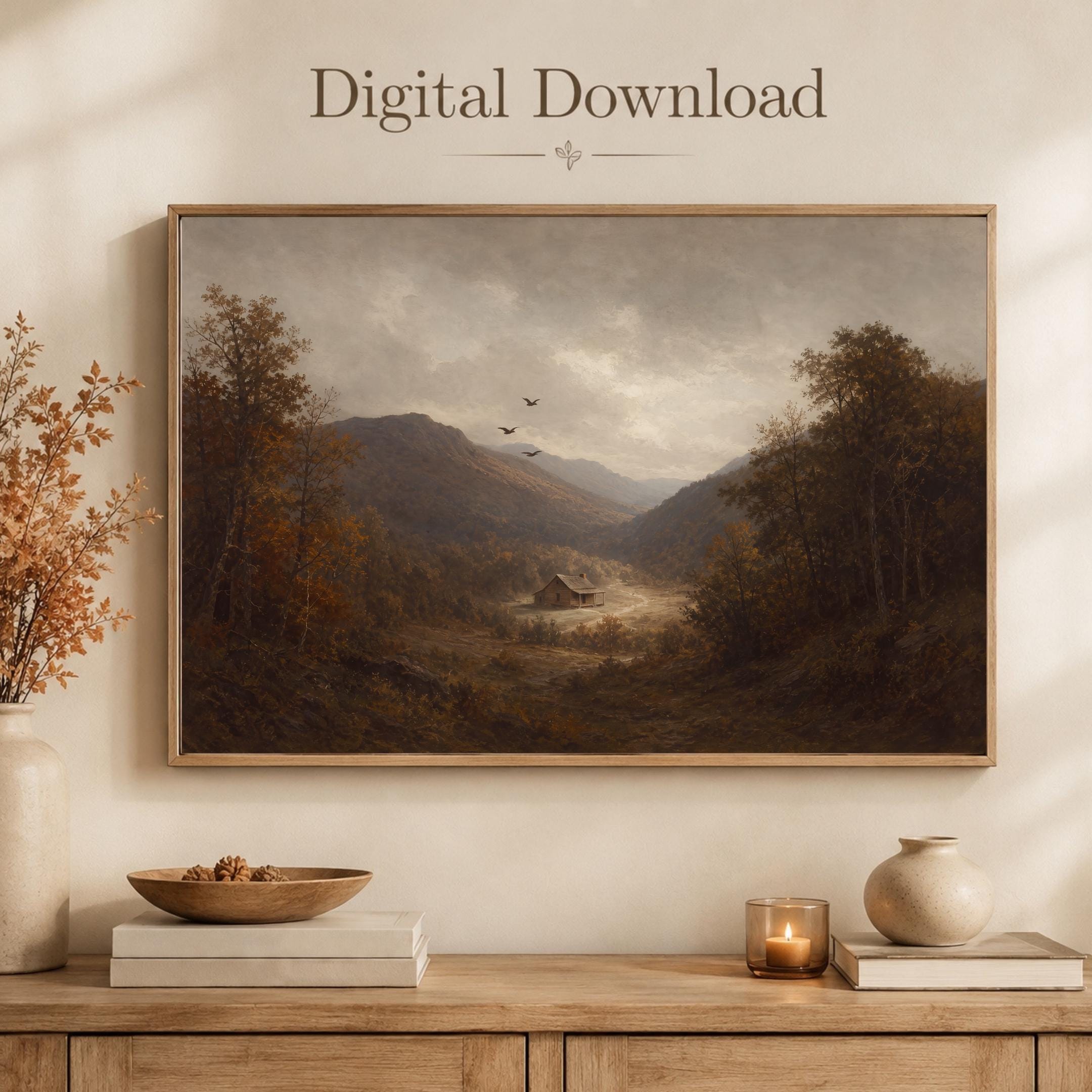 Moody Fall Mountain Cabin Printable Wall Art, Vintage Autumn Landscape Digital Download