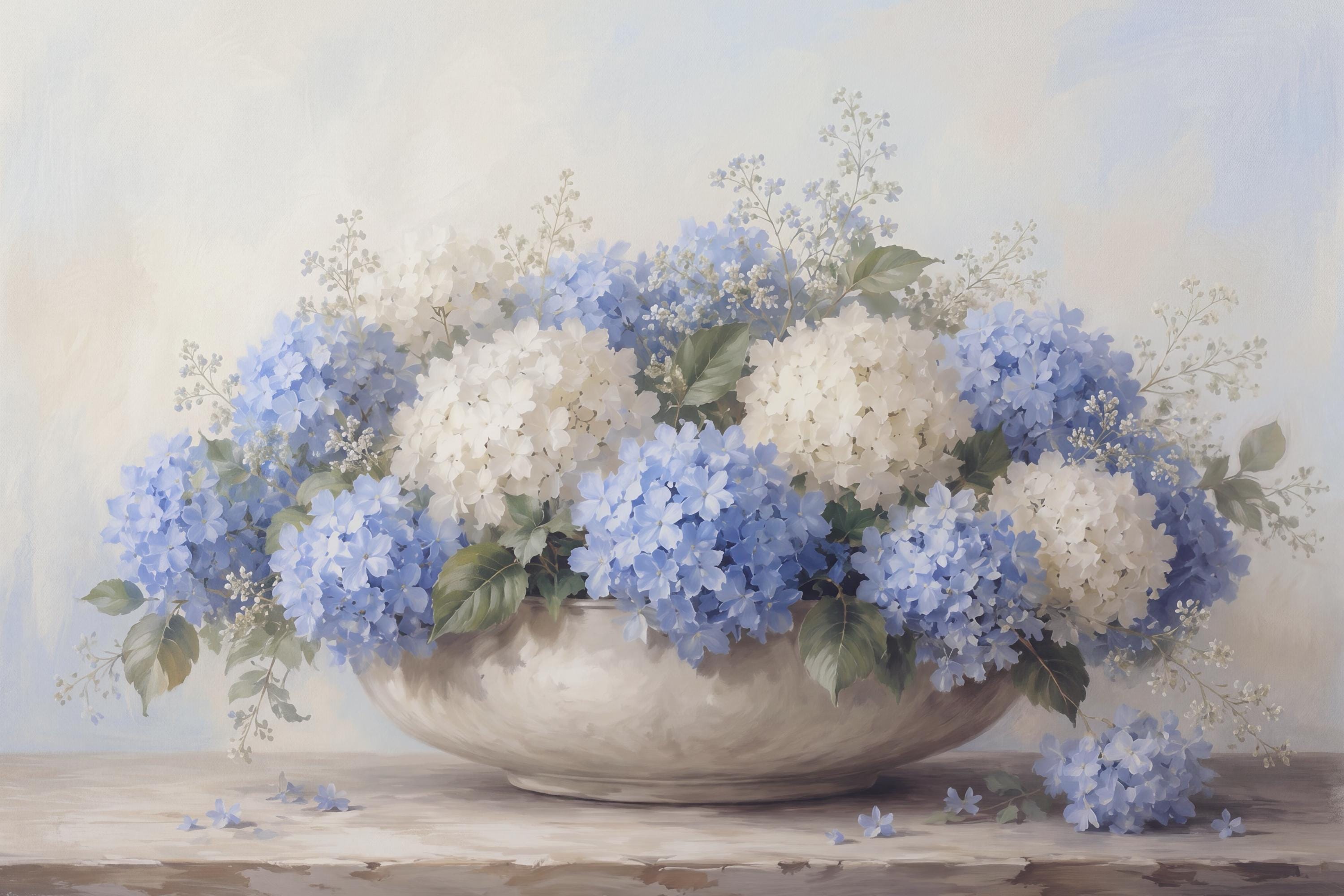 Blue Hydrangea Wall Art, Coastal Summer Neutral Floral Prints in Low Bowl (Digital Download) — image 2