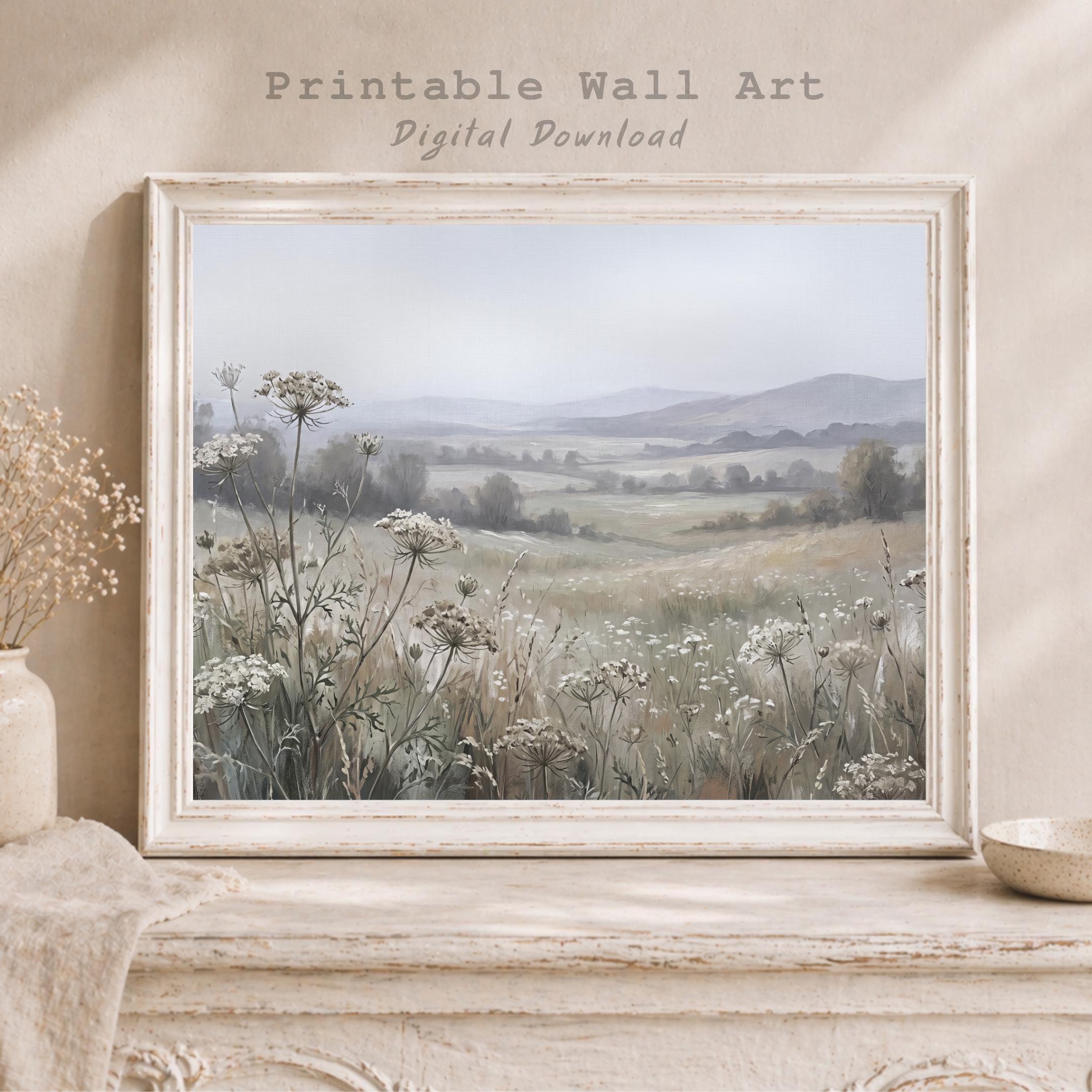 Floral Landscape Print, Neutral Wildflower Meadow Wall Art, Soft Cottage Nature Decor (Digital Download)