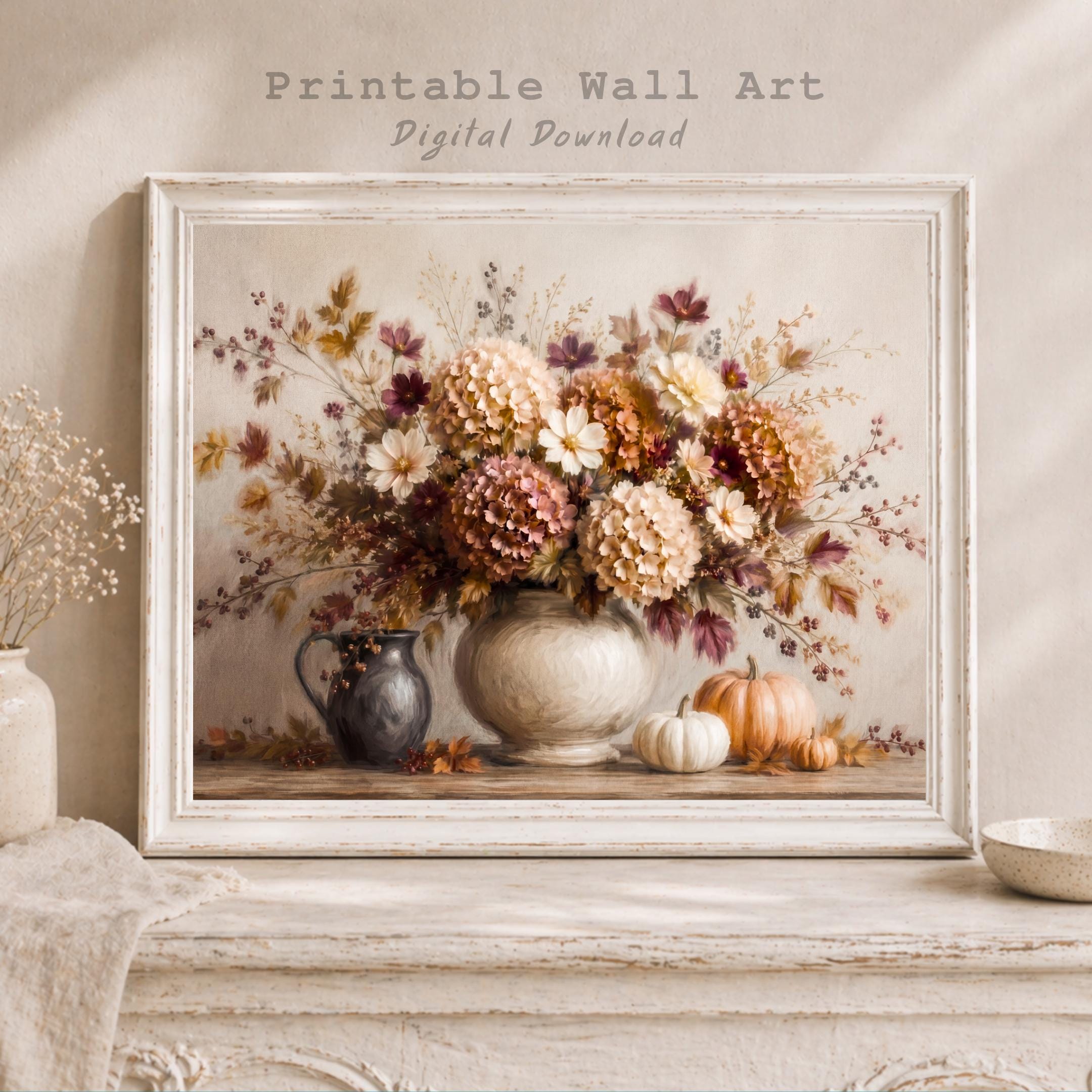 Fall Floral Centerpiece Wall Art, Pumpkin Hydrangea Still Life Print, Thanksgiving Decor (Digital Download) — image 10