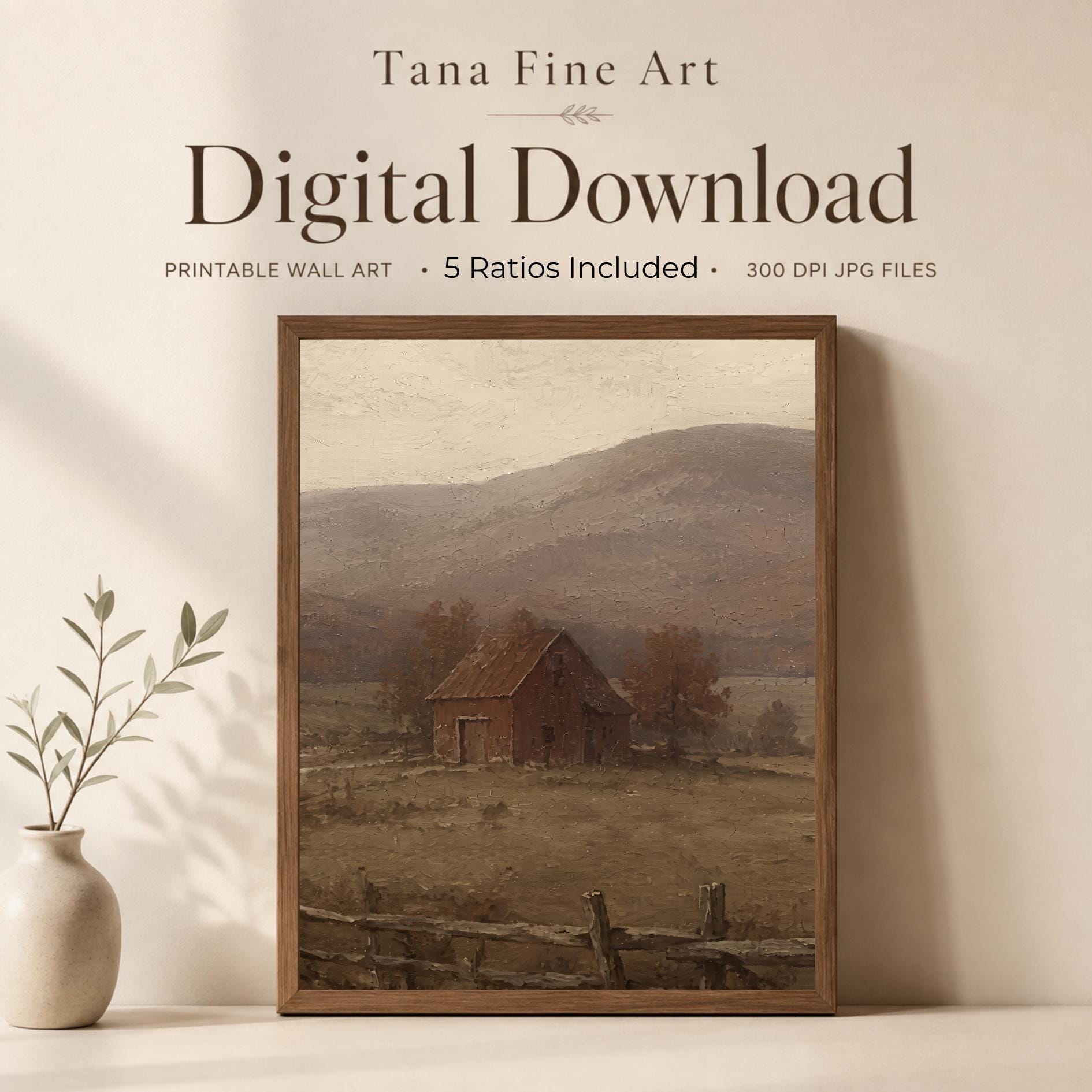 Rustic Barn Field Printable Wall Art, Neutral Farmhouse Landscape, Country Cottage Decor Digital Download