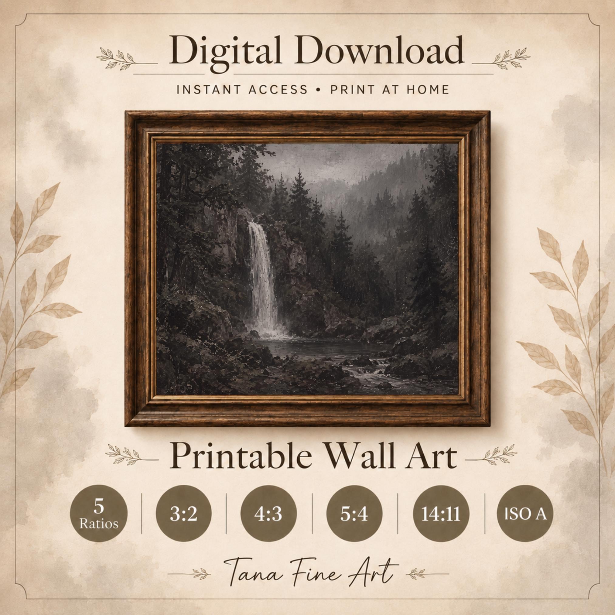 Moody Waterfall Printable Wall Art, Dark Forest Landscape, Rustic Cabin Decor Digital Download — image 6