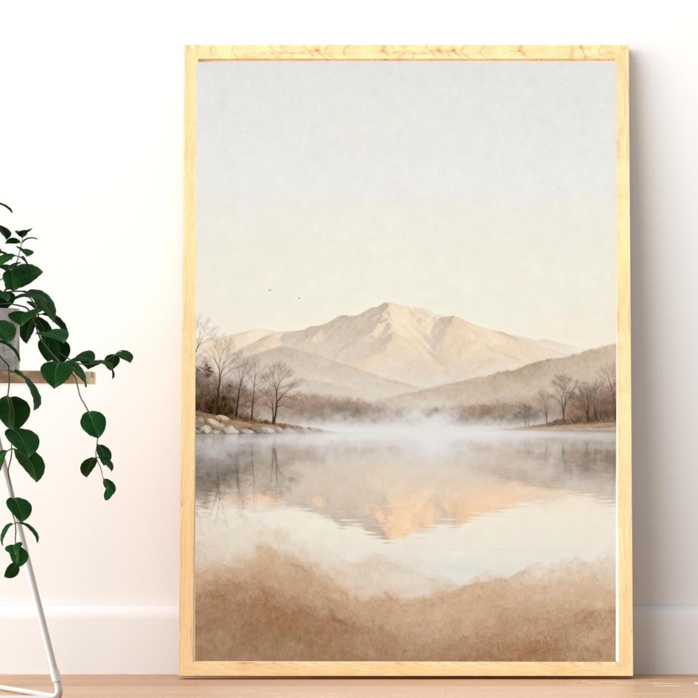 Neutral Mountain Lake Printable Wall Art, Misty Landscape, Minimalist Bedroom Decor Digital Download — image 4