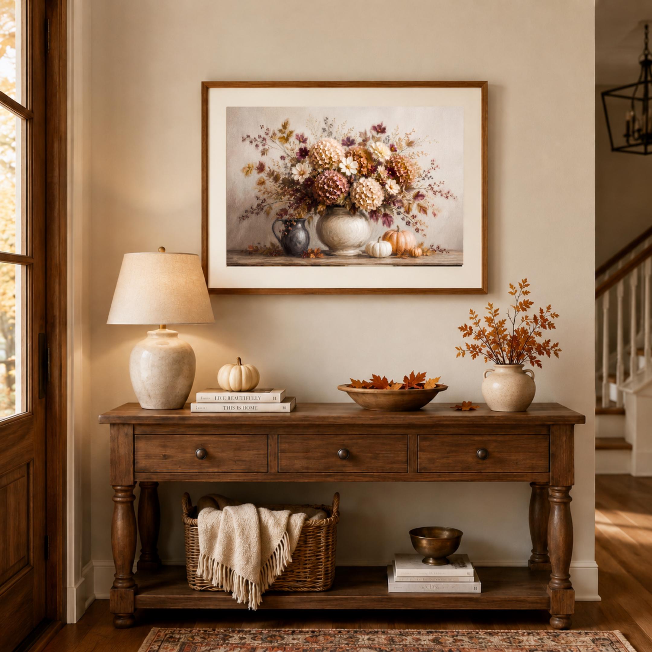 Fall Floral Centerpiece Wall Art, Pumpkin Hydrangea Still Life Print, Thanksgiving Decor (Digital Download) — image 9