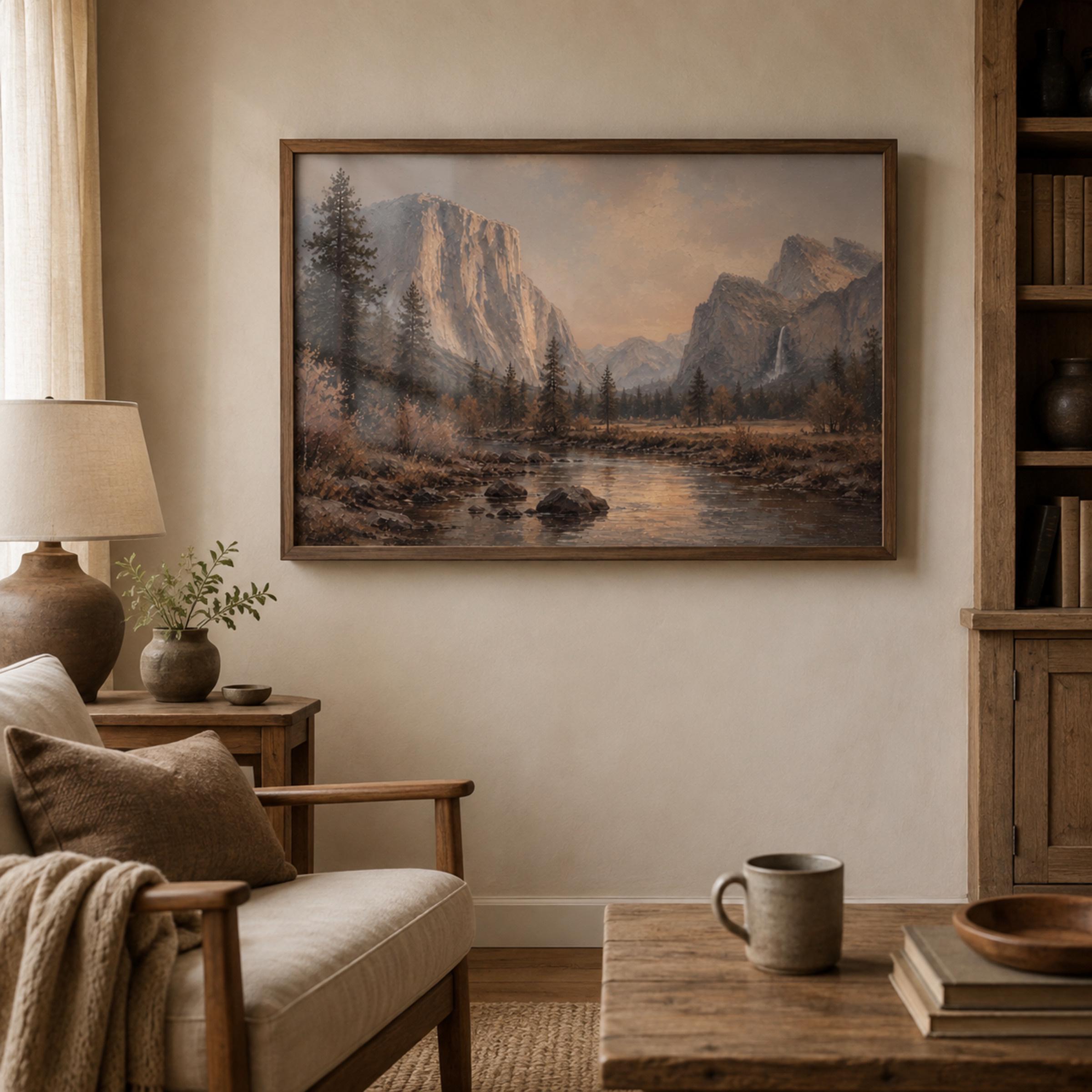 Mountain Landscape Wall Art | Vintage Yosemite Inspired | Moody River Valley Printable Digital Download — image 2