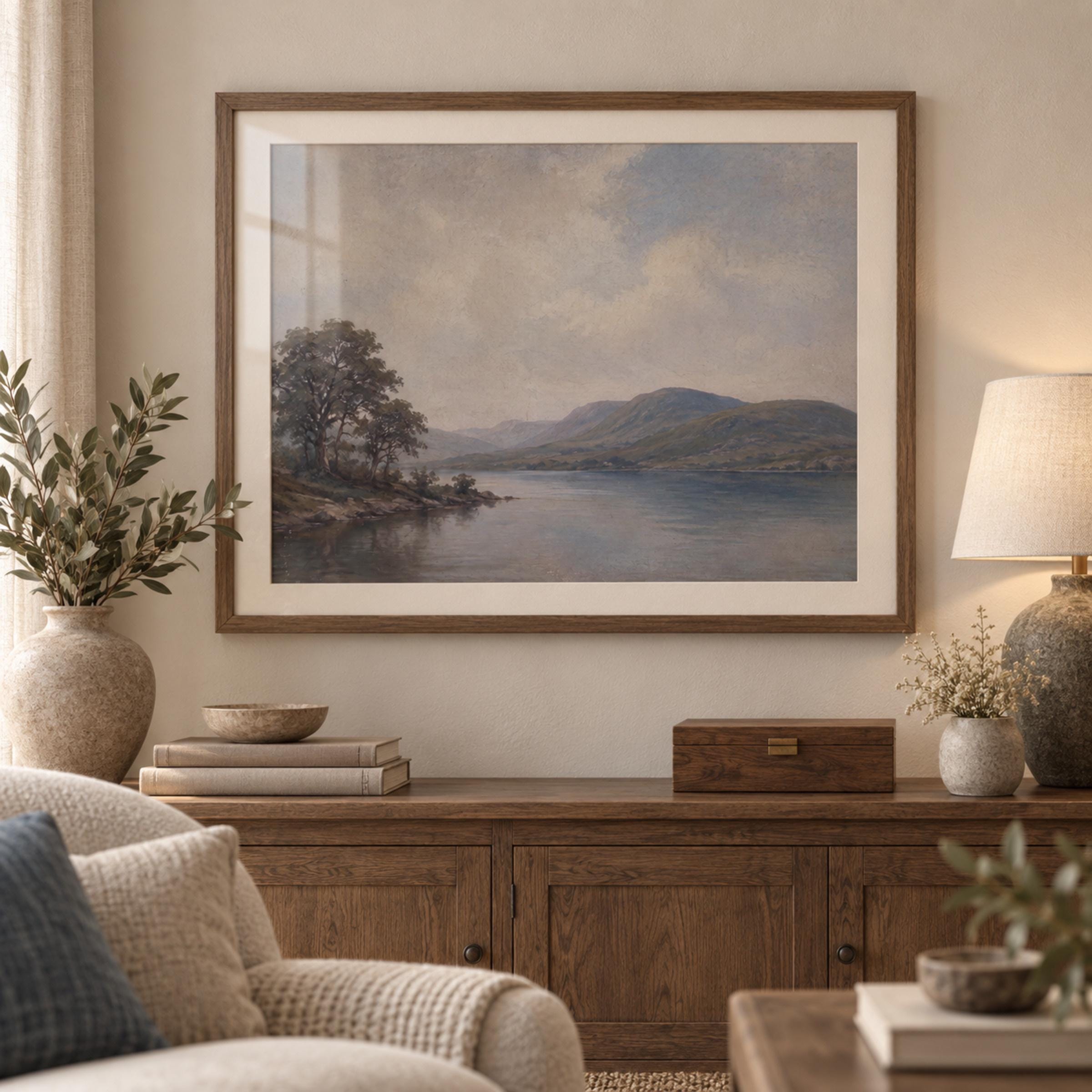 Vintage Lake Landscape Printable Wall Art, Moody Mountain Scenery, Neutral Rustic Cottage Home Decor — image 2