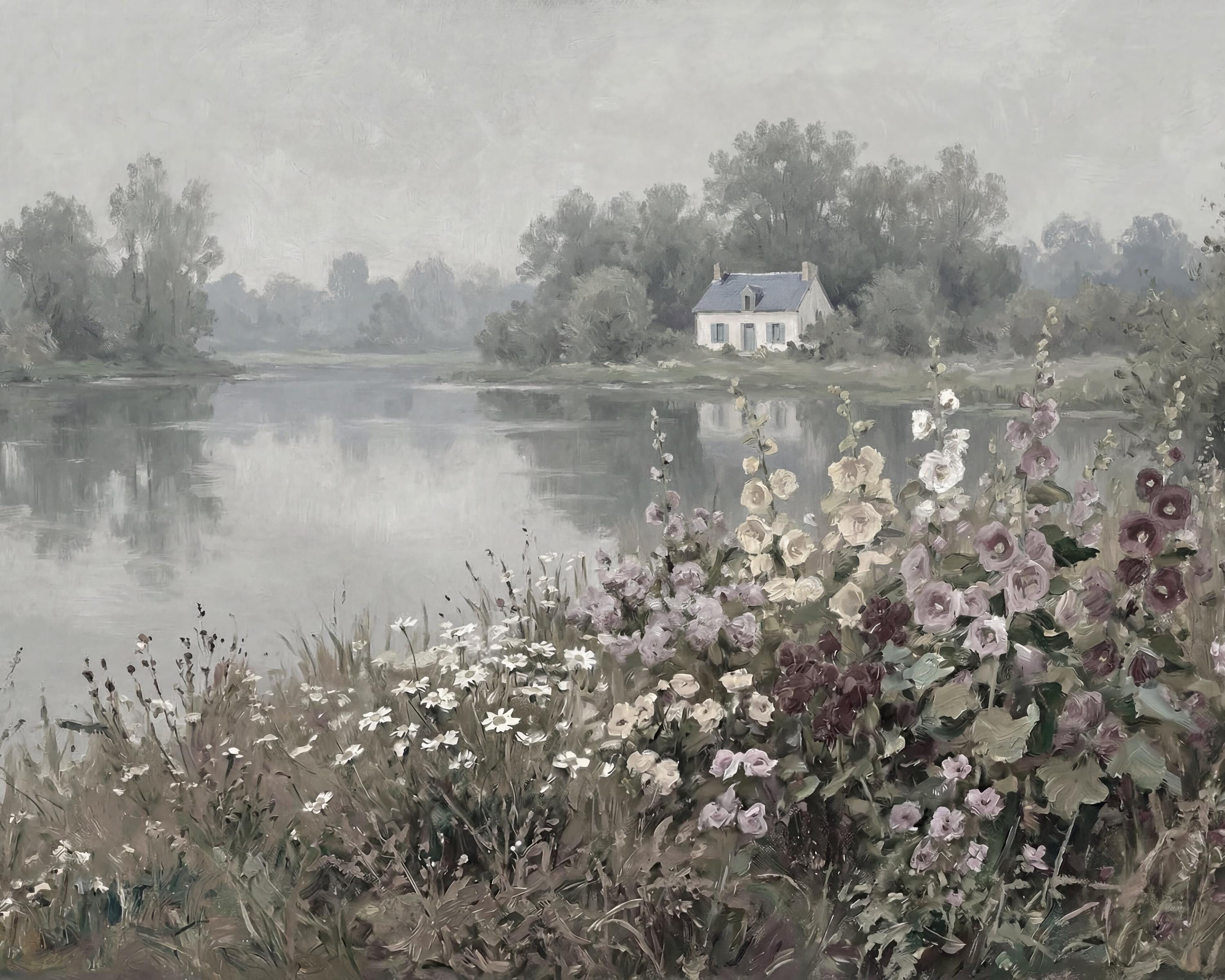 Lakeside Cottage Garden Wall Art, Romantic Floral Landscape, French Country Decor Digital Download — image 2