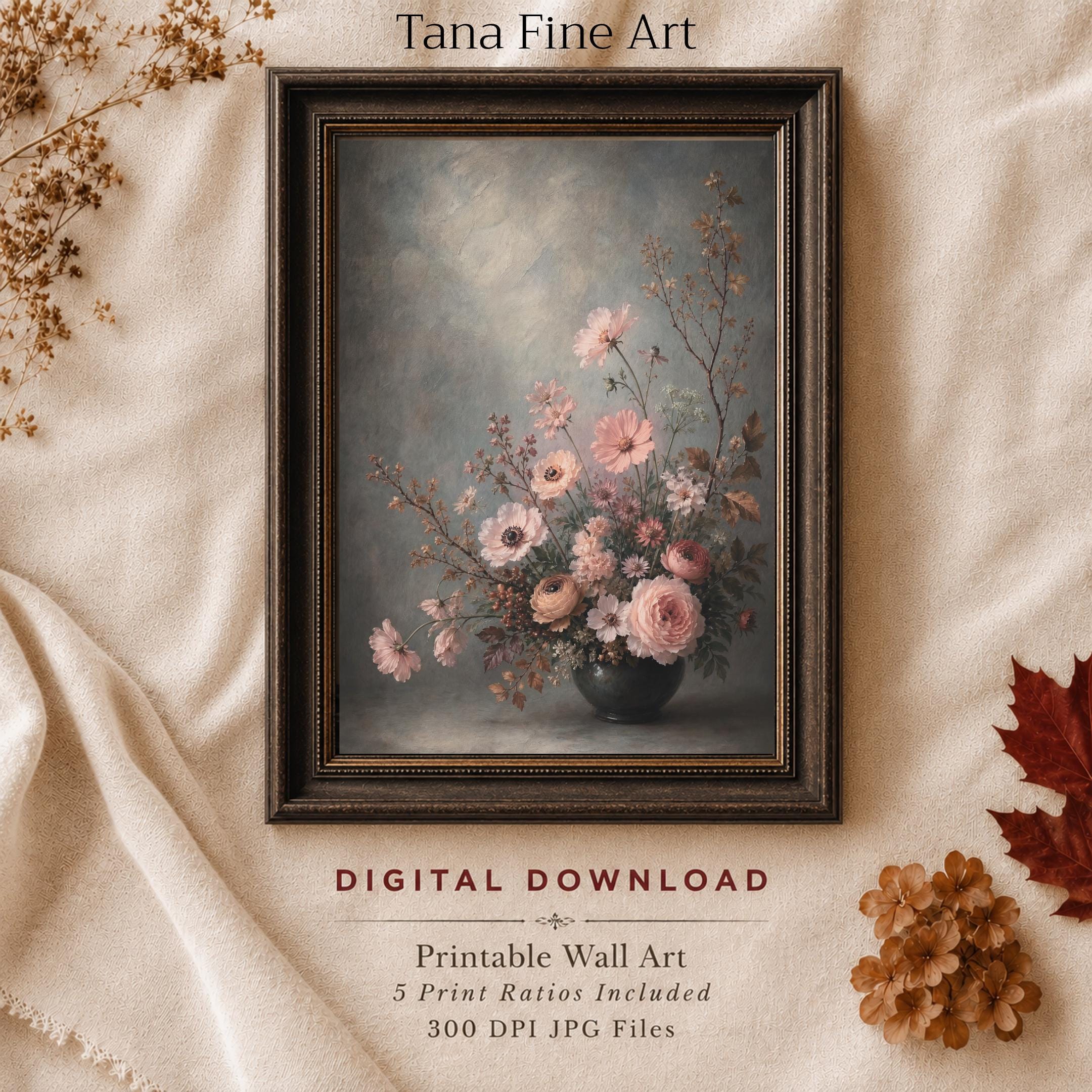 Moody Fall Floral Vase Printable Wall Art, Blush Botanical Dark Cottage Decor Digital Download
