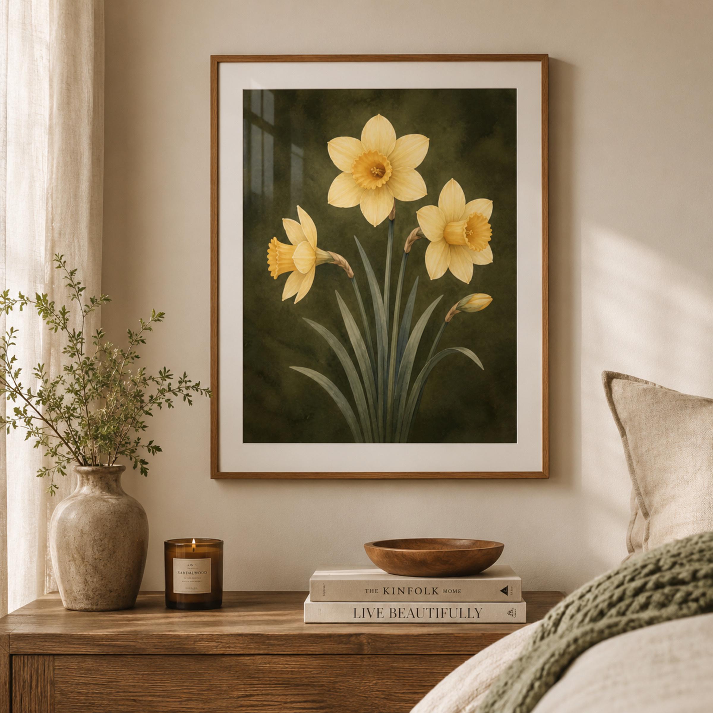 Moody March Birth Flower Print | Daffodil Wall Art | Vintage Botanical Digital Download — image 3