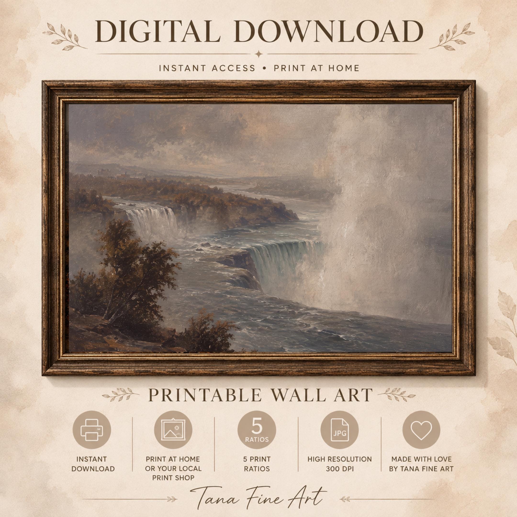Waterfall Wall Art | Niagara Falls Inspired Landscape Print | Moody Vintage Nature Digital Download