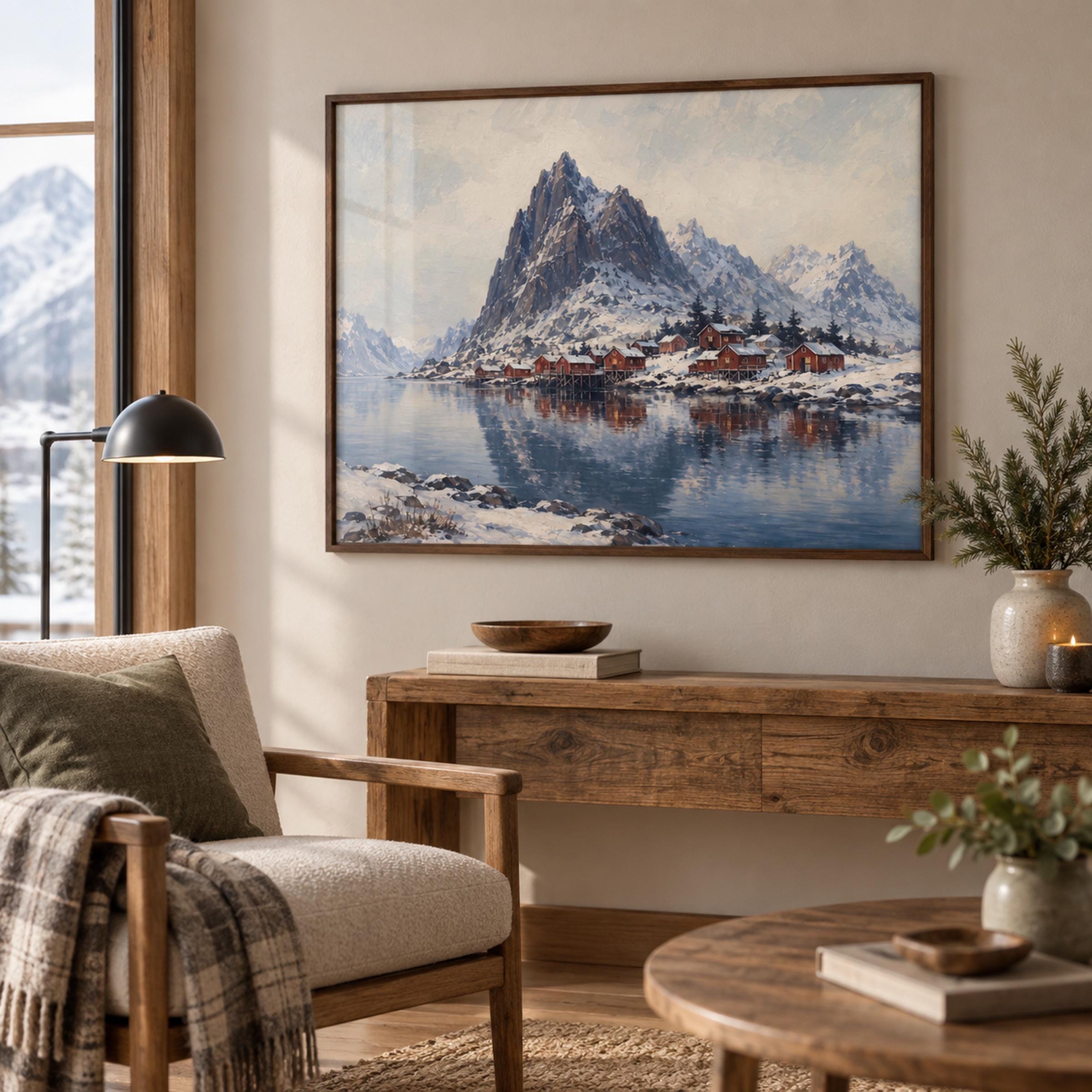 Red Cabins beneath Lofoten Winter Peaks — image 3
