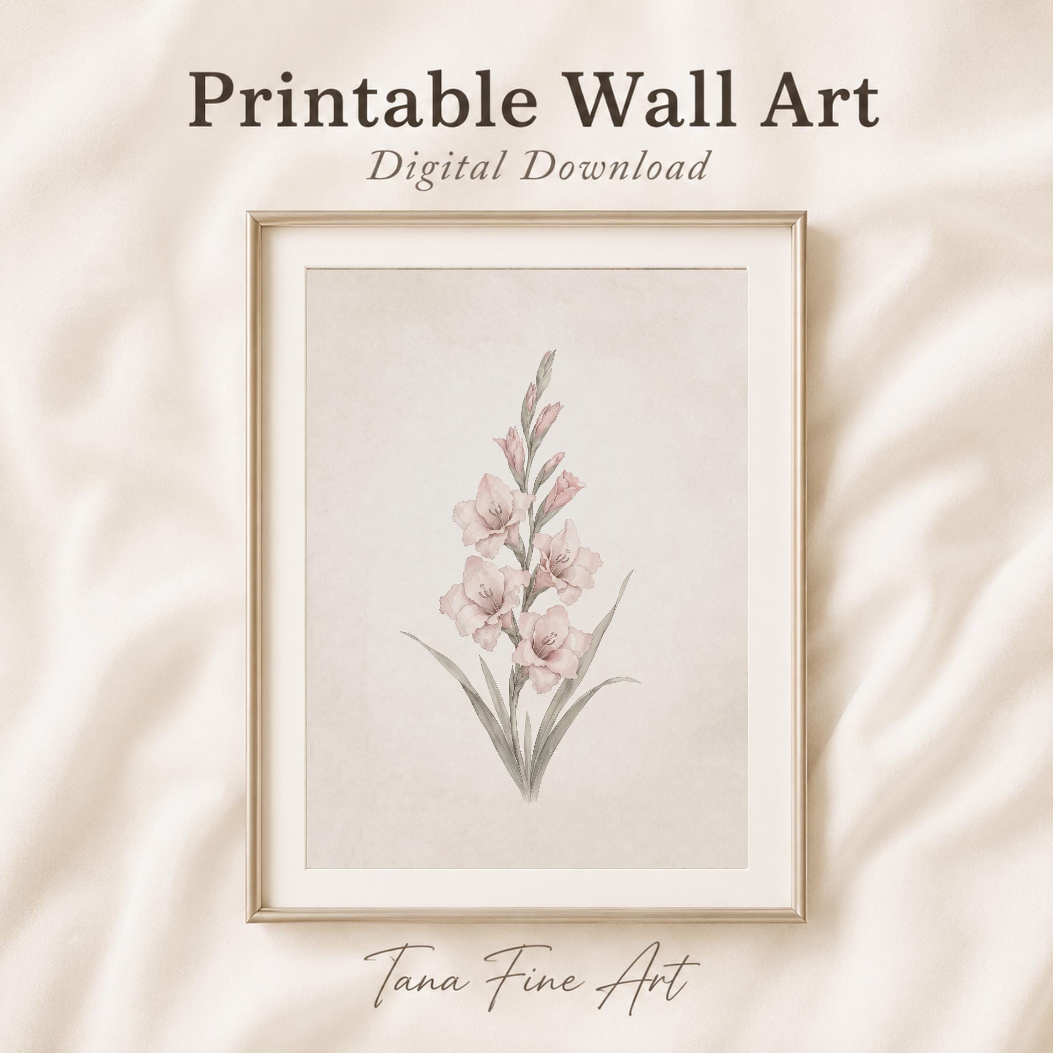 August Birth Flower Print Art, Pink Gladiolus Botanical, Floral Vintage Botanical Prints (Digital Download) — image 4