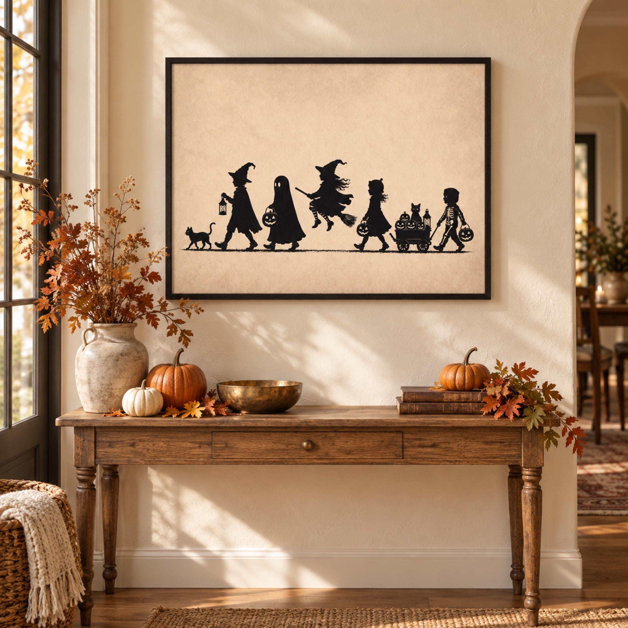 Halloween Trick or Treat Wall Art, Silhouette Print, Vintage Kids Halloween Digital Download — image 3